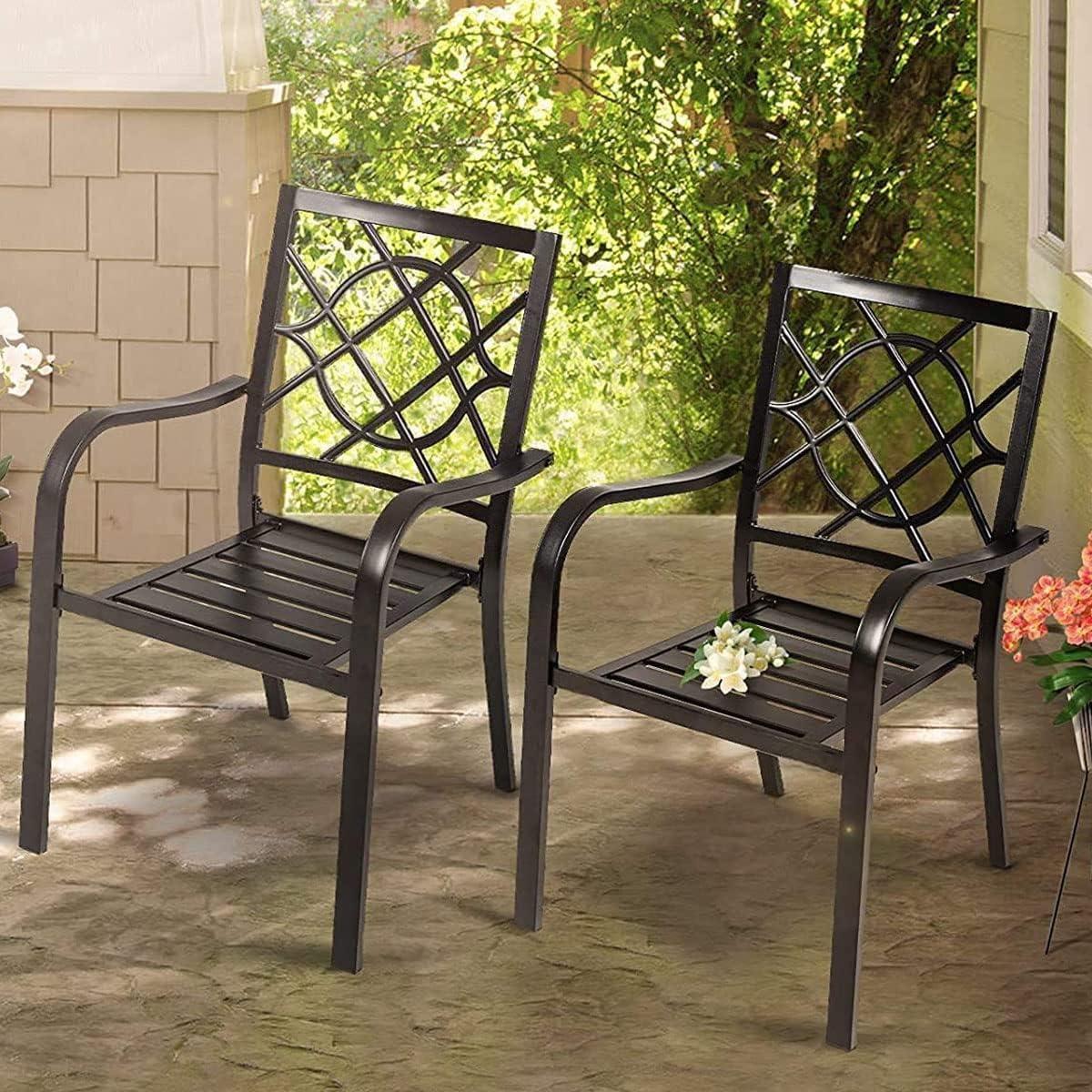 Iwicker Patio Outdoor Dining Chairs Set of 2 Steel Metal Stackable Dining Chairs with Armrest, Black