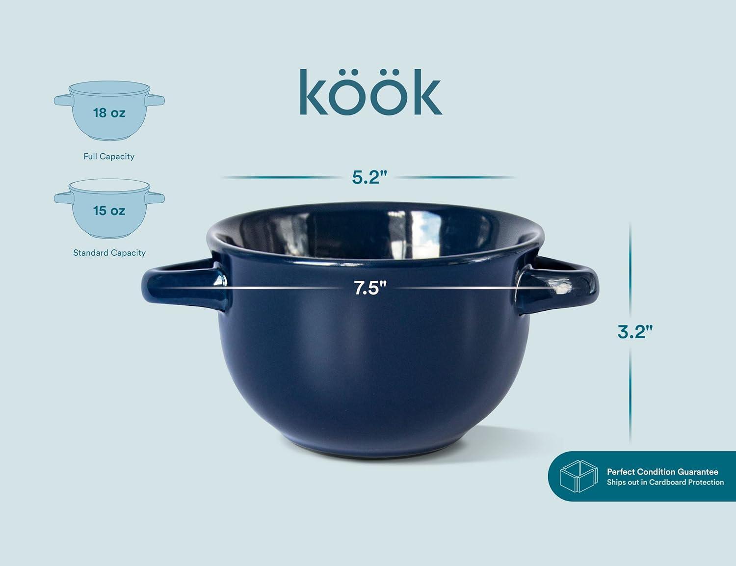 Kook Soup Bowls Crocks with Handles, 18 oz, Set of 4, Blue