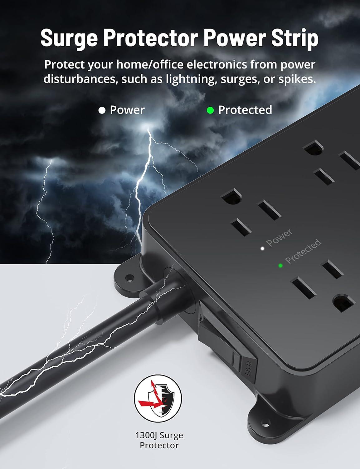 TROND Power Strip Surge Protector, ETL Listed, 15A, 5 Wide Spaced Outlets with 3 USB Ports, Wall Mountable, Flat Plug 5ft Extension Cord, 1300J, 14AWG Heavy Duty, for Office Kitchen, Black