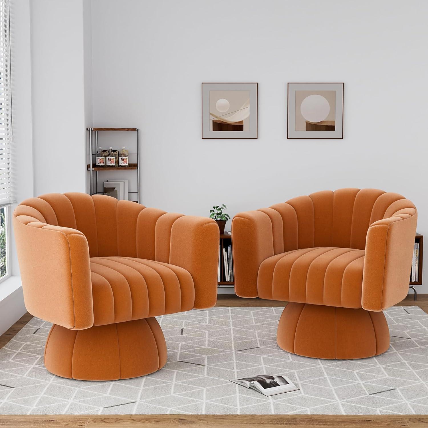 Orange Velvet Swivel Barrel Chairs with Round Base, Set of 2