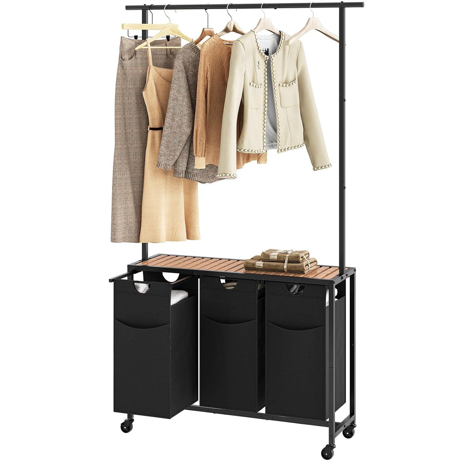 Laundry Sorter, Laundry Hamper with Hanging Rack, Laundry Sorter 2 Section, Laundry Basket with Wheels, Hampers for Laundry, Laundry Basket Organizer for Laundry Room, Rustic Brown LS27BR