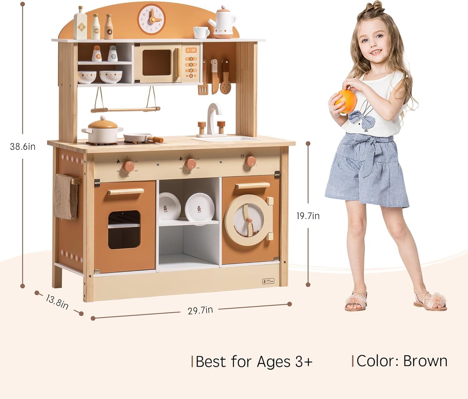 ROBUD Solid Wood Play Kitchen & Accessories Set, Preschool Kitchen Set, Kids Kitchen Playset