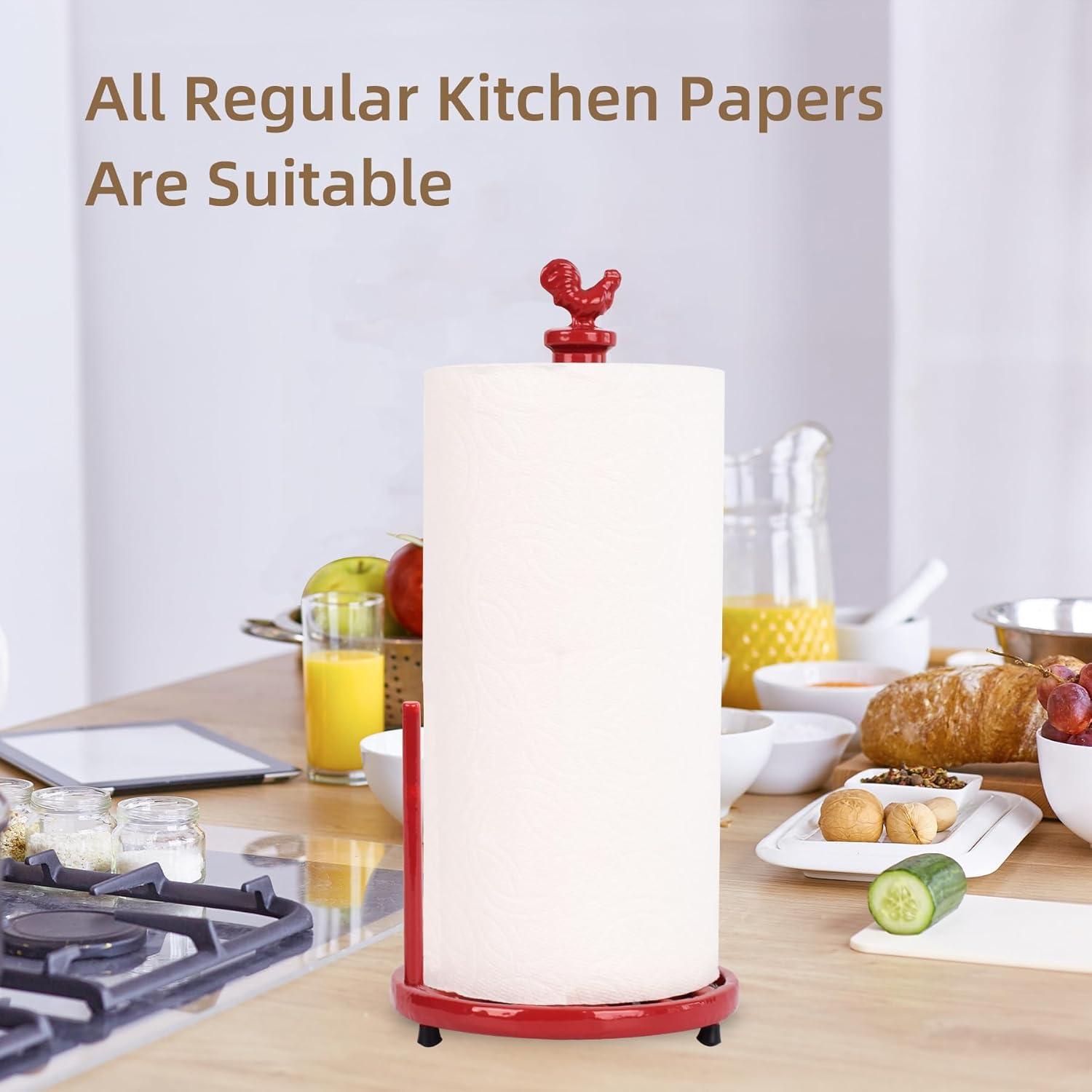 Vintage Paper Towel Holder Countertop - Cast Iron Standing Roll Paper Towel Dispenser with Elegant and Heavy Daffodil Pattern Base for Kitchen Décor, Red