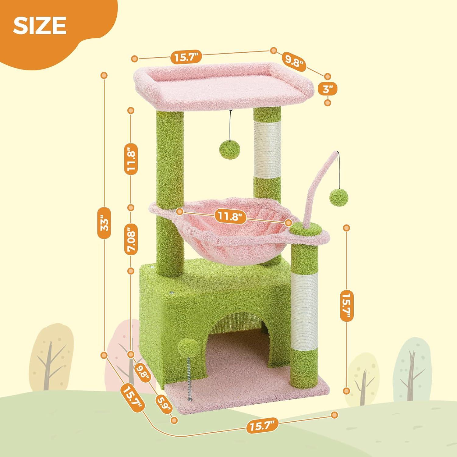 PEQULTI 4-In-1 Multi-Level Cat Tower, 33'' Pink Cat Tree For Indoor Cats With Large Cat Condo, Cat Scratching Post For Cats With Deep Hammock& Cozy Top Perch