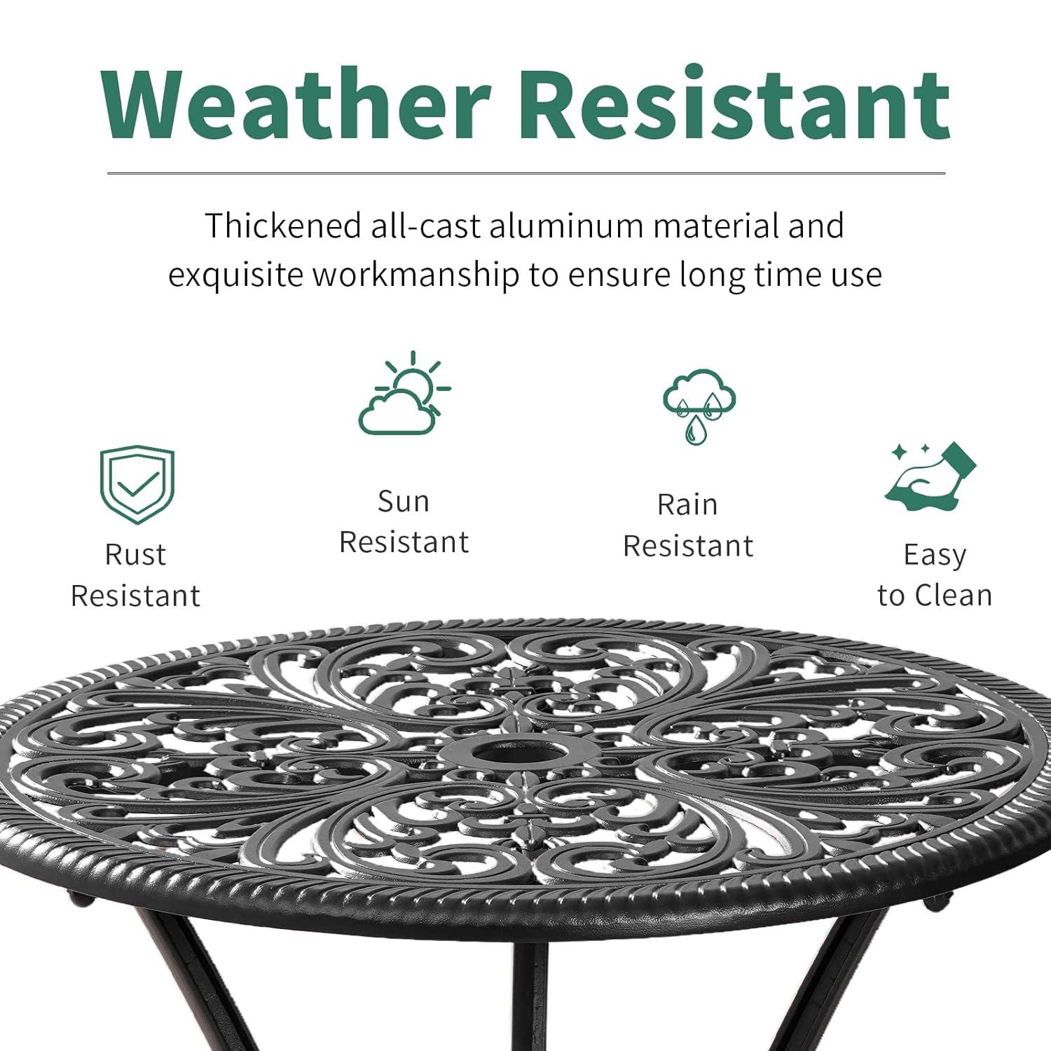 PATIO-IN 3 Piece Bistro Set Cast Aluminum Bistro Table and Chairs Set of 2 with Umbrella Hole,Patio Furniture Sets for Front Porch,Garden