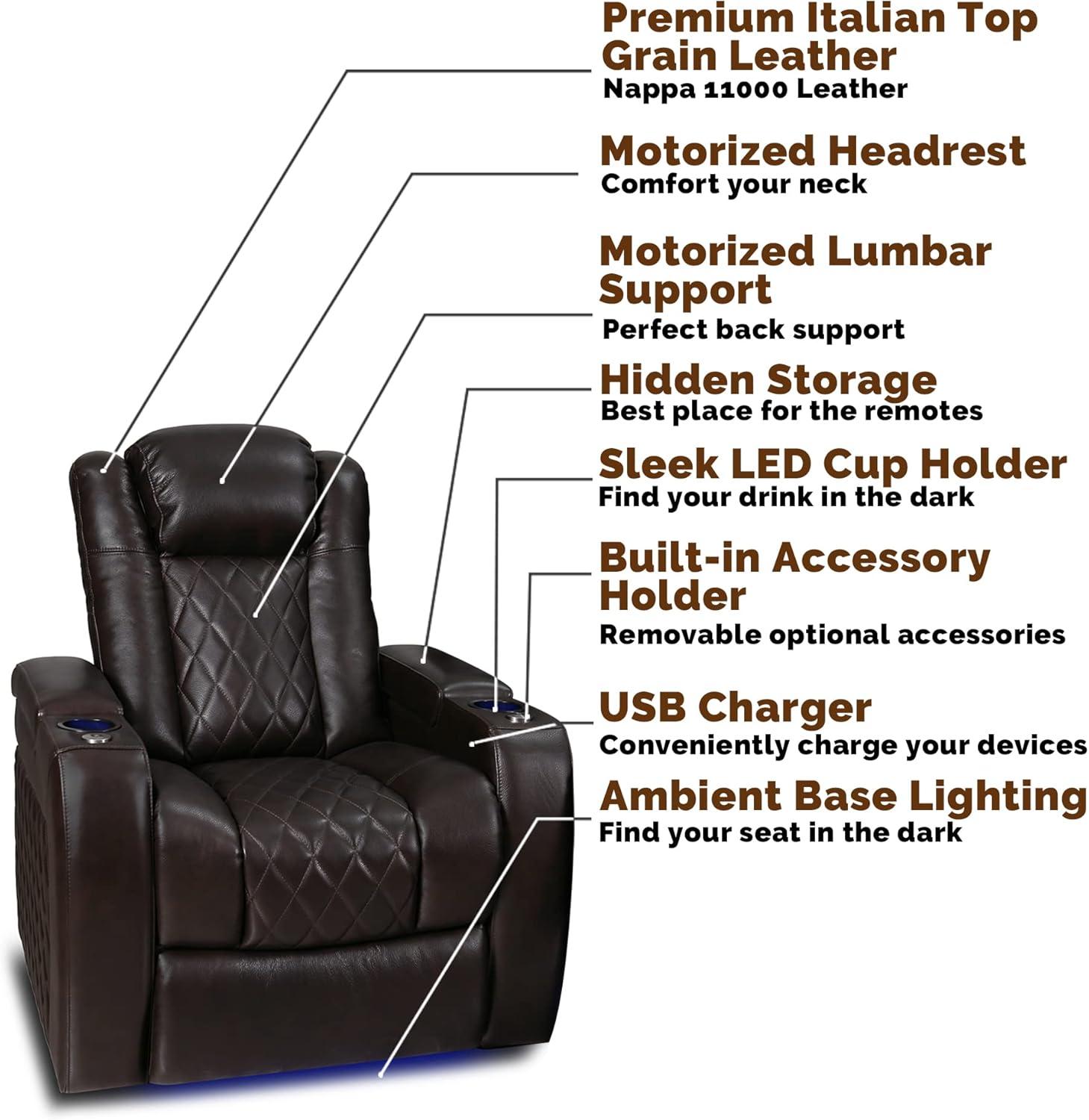 Dark Chocolate Leather Reclining Loveseat with Cup Holders and Storage