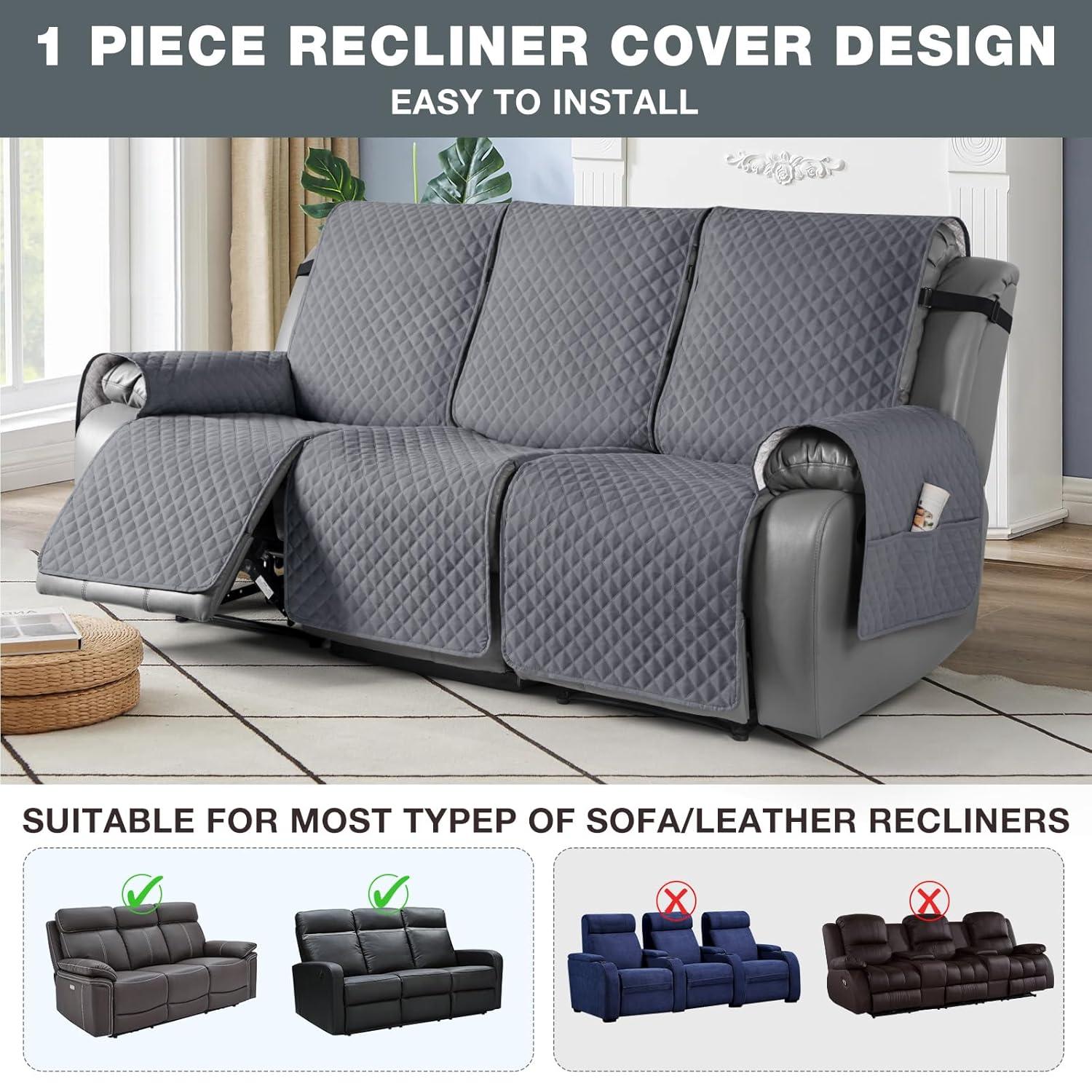 Latitude Run® Box Cushion Recliner 3 Seater Sofa Slipcover, Non-Slip Pet Reclining Couch Cover with Pockets Furniture Protector