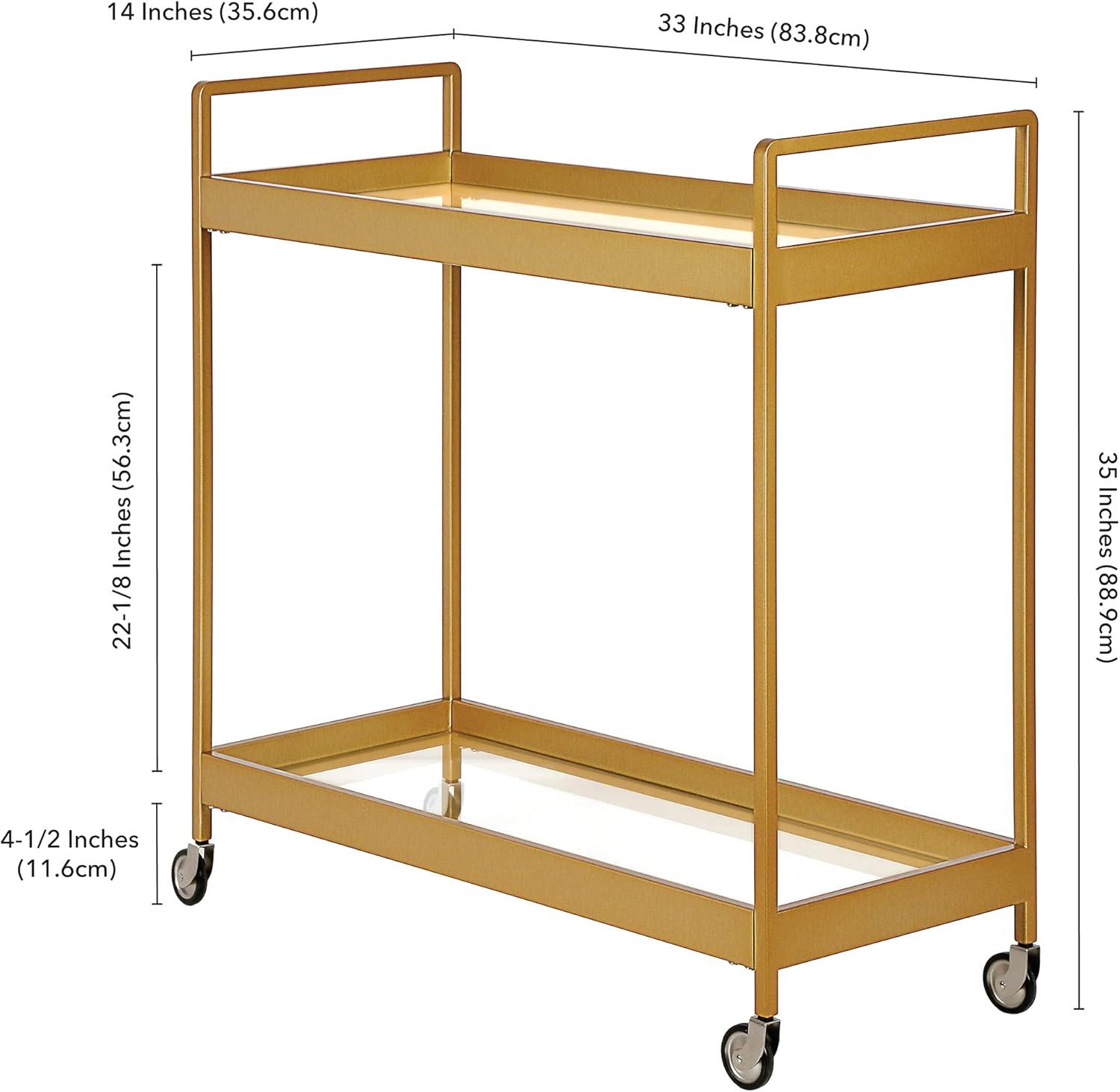 Glamourous Brass Finish Rectangular Bar Cart with Glass Shelves