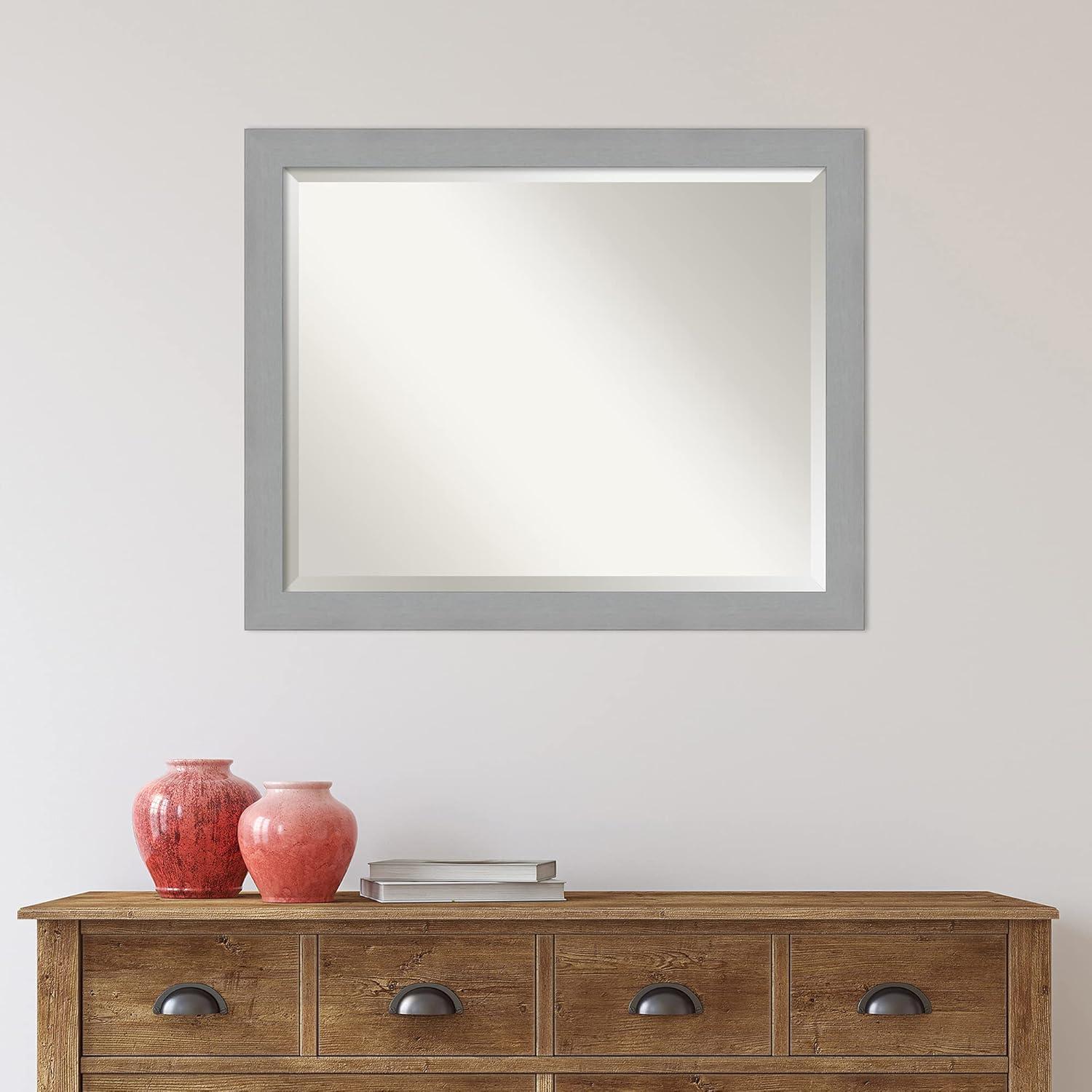 32" x 26" Brushed Nickel Framed Wall Mirror Silver - Amanti Art: Modern Beveled, No Assembly, Wall Mount