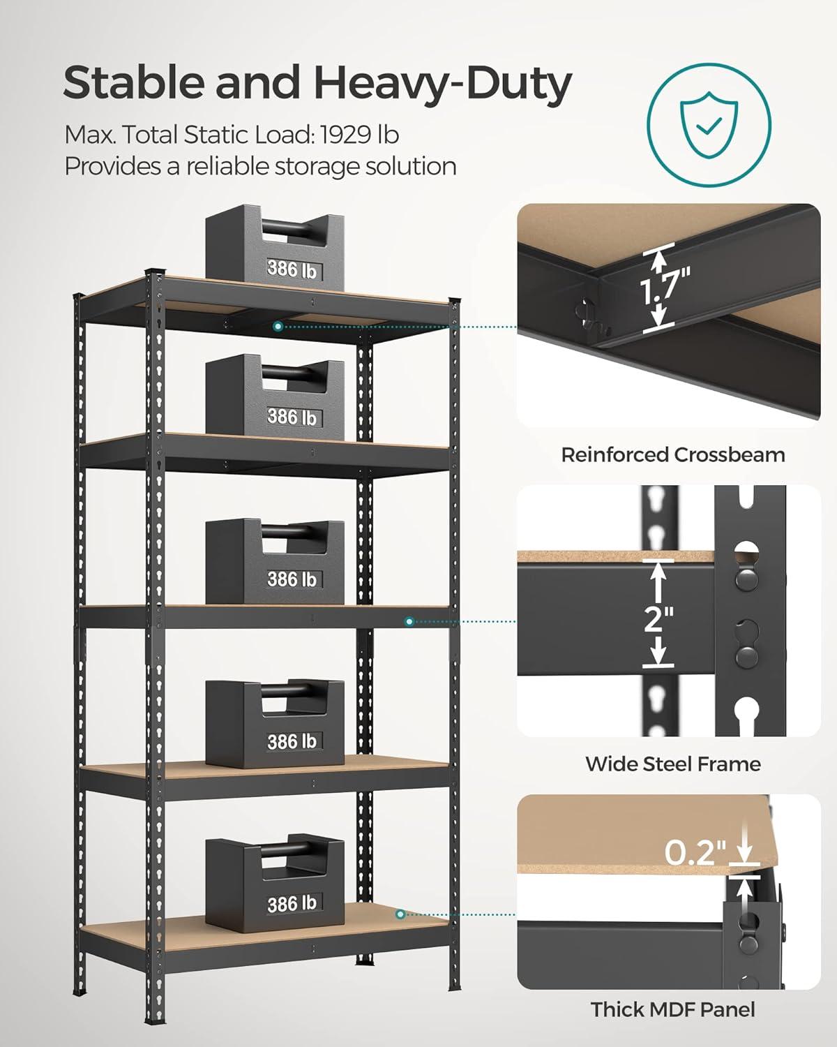 SONGMICS 5-Tier Storage Shelves Metal Garage Storage, Boltless Assembly Adjustable Shelving Unit 17.7 x 35.4 x 70.9 Inches Load 1929 lb, for Shed Warehouse Basement Kitchen Black