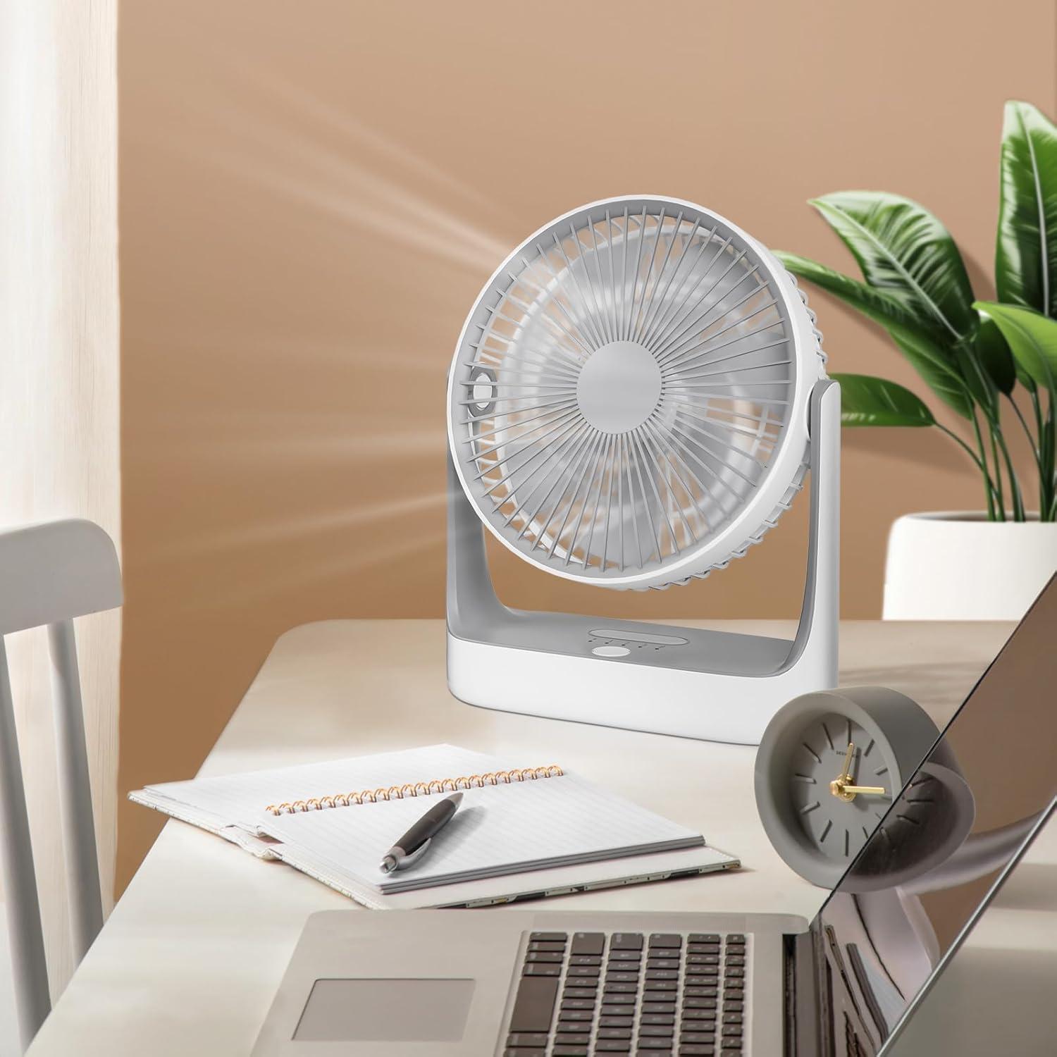 mollie USB Rechargeable Desktop Fan, Wall Mounted Hanging Fan with LED Light and Hook, Speed Adjustable Air Cooler Fan For Home Bedroom, White