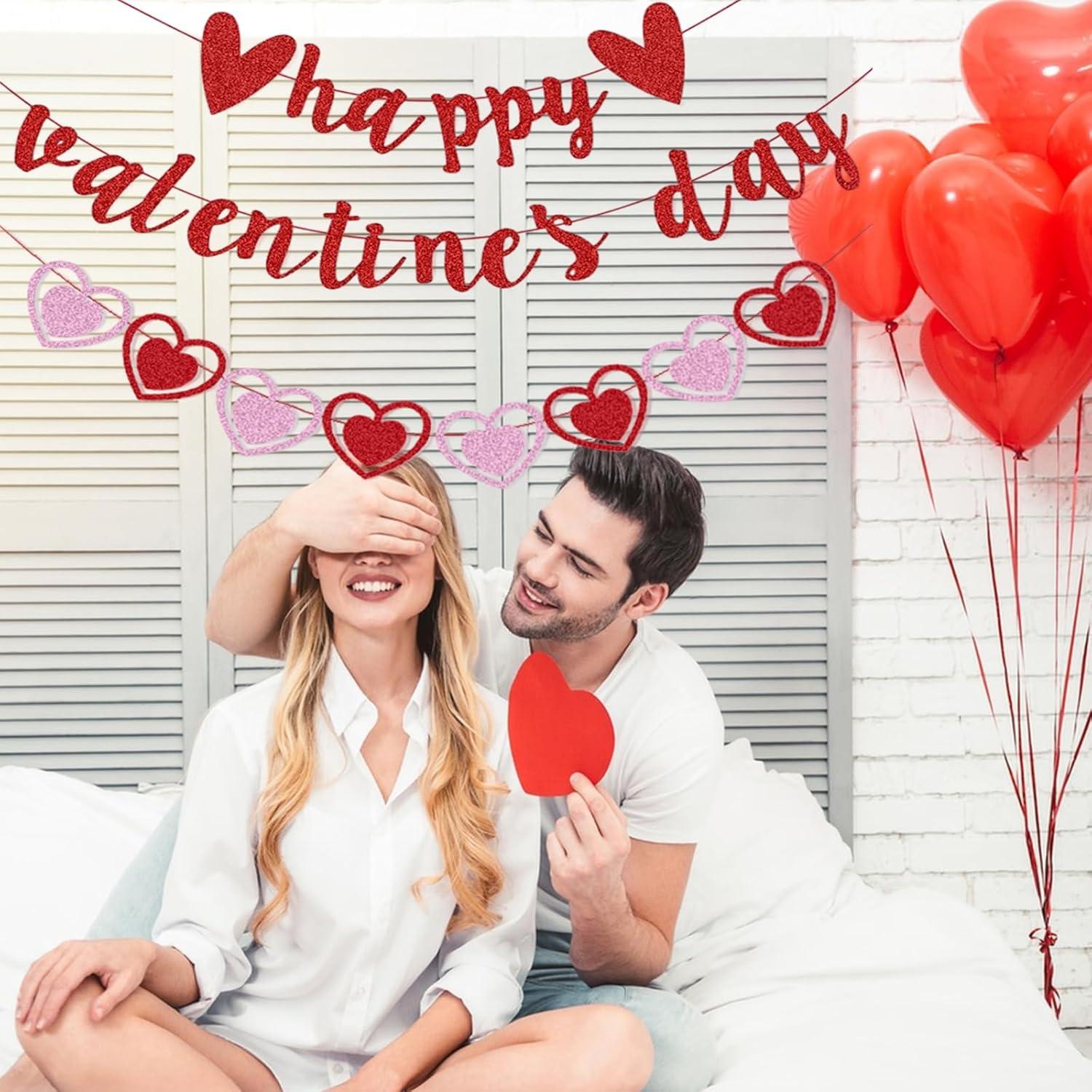 Glittery Heart Valentine's Day Banner, Red & Pink Sparkling Hollow Heart Shape DIY Paper Banner for Wedding Decoration