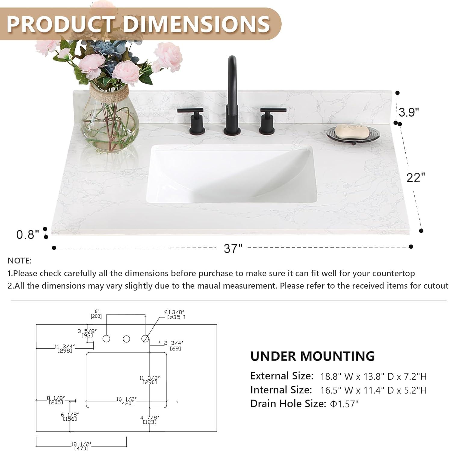 Ceres 37" Engineered Stone Single Bathroom Vanity Top with Sink
