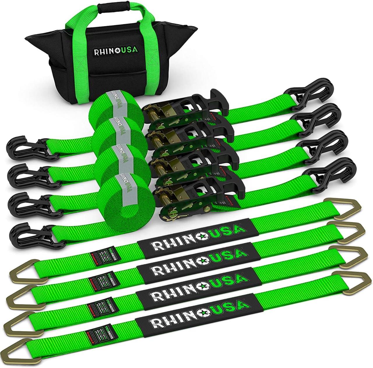 Rhino USA Car Tie Down Straps for Trailers w/ J Hooks - 2" x 8' (10,000lb Break Strength) 4pc Green