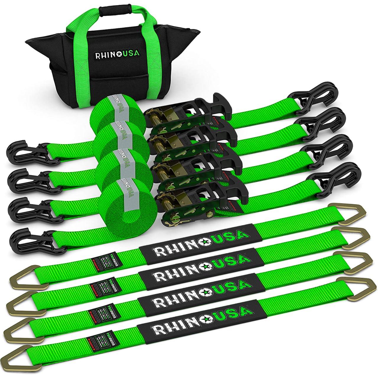 Rhino USA Car Tie Down Straps for Trailers w/ J Hooks - 2" x 8' (10,000lb Break Strength) 4pc Green