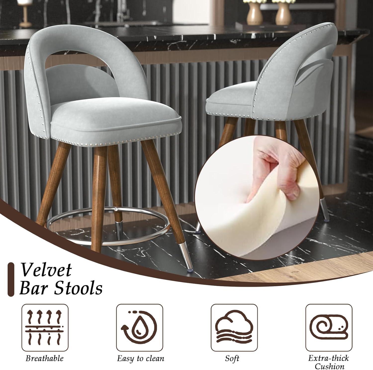 Kokitus Counter Height Bar Stools, 24 Inch Swivel Bar Stools with Backs&Solid Wood Legs