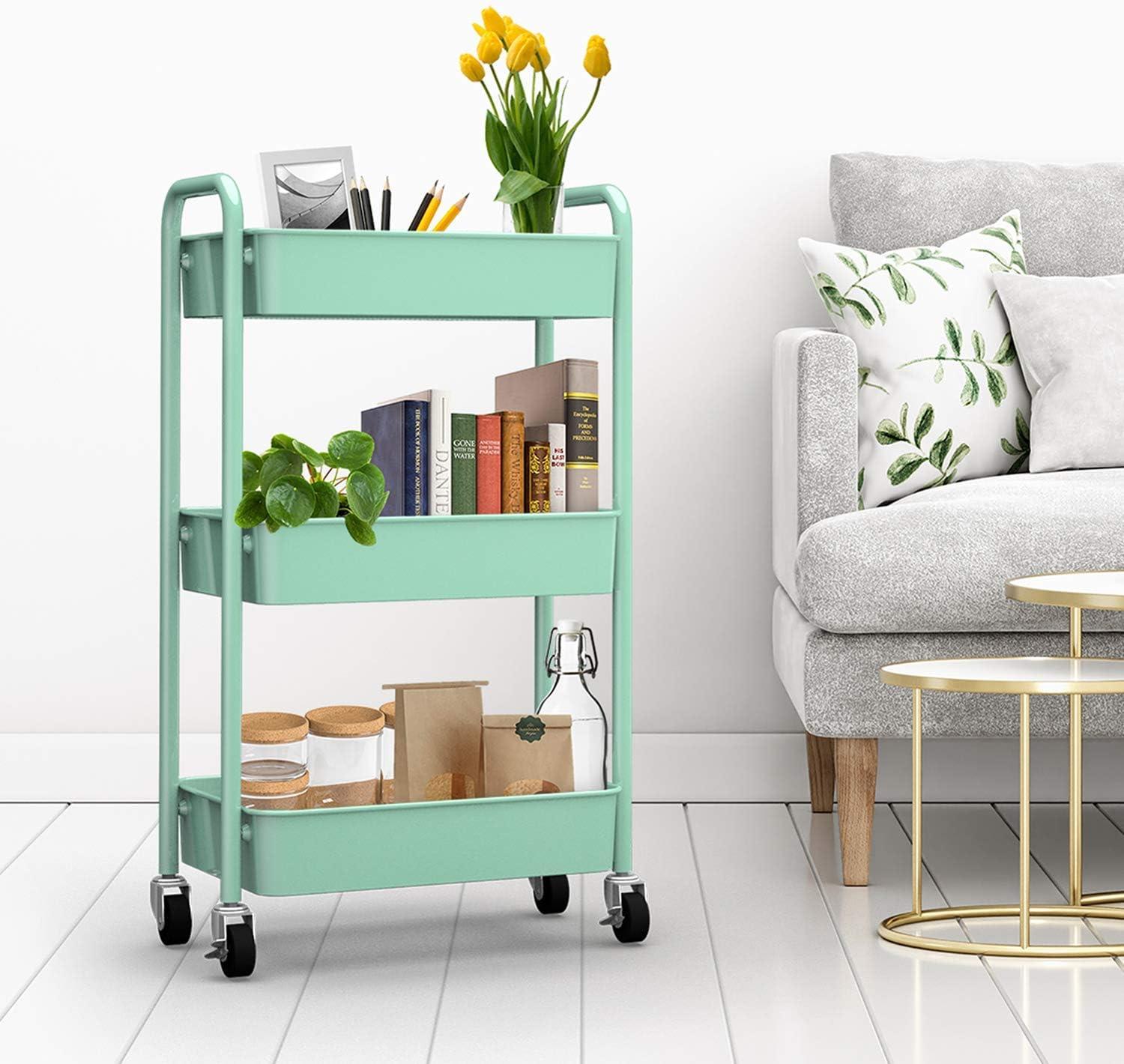 Aqua Green 3-Tier Alloy Steel Kitchen Cart with Storage