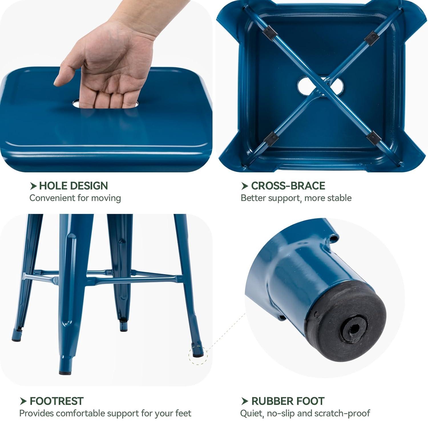 Vogue Furniture Direct 24 Inch Metal Bar Stools, Backless Counter Height Barstools, Indoor Outdoor Stackable Stools with Square Seat, Set of 2 (Deep Blue)