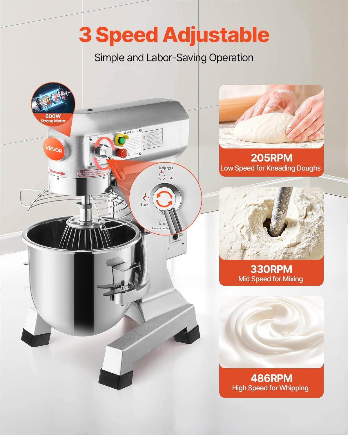 Happybuy 15Qt Commercial Food Mixer with Timing Function， Commercial Mixer 500W Stainless Steel Bowl Heavy Duty Electric Food Mixer Commercial with 3 Speeds Adjustable, Perfect for Bakery Pizzeria