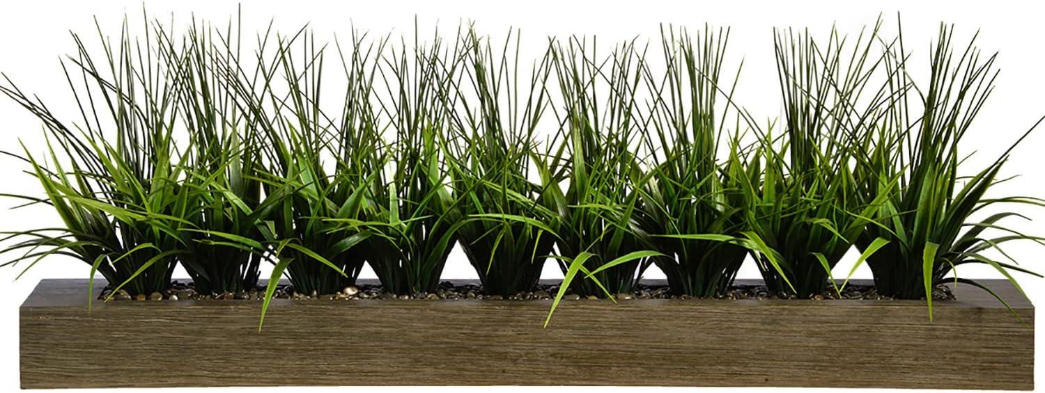 Artificial Faux Lifelike Plastic 13" Tall Green Grass In Wood Holder (Taupe)