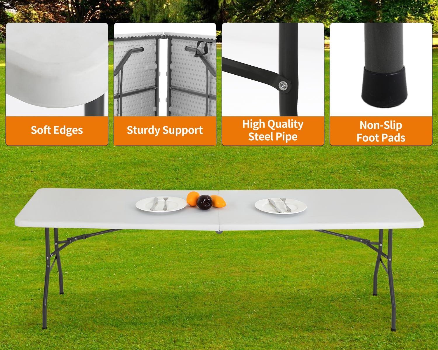 8ft Folding Table Portable Picnic Table, Lightweigh Folding Plastic Table with Handle and Steel Legs Utility Table Dining Lock for Work,Picnic,Party,Camping,White