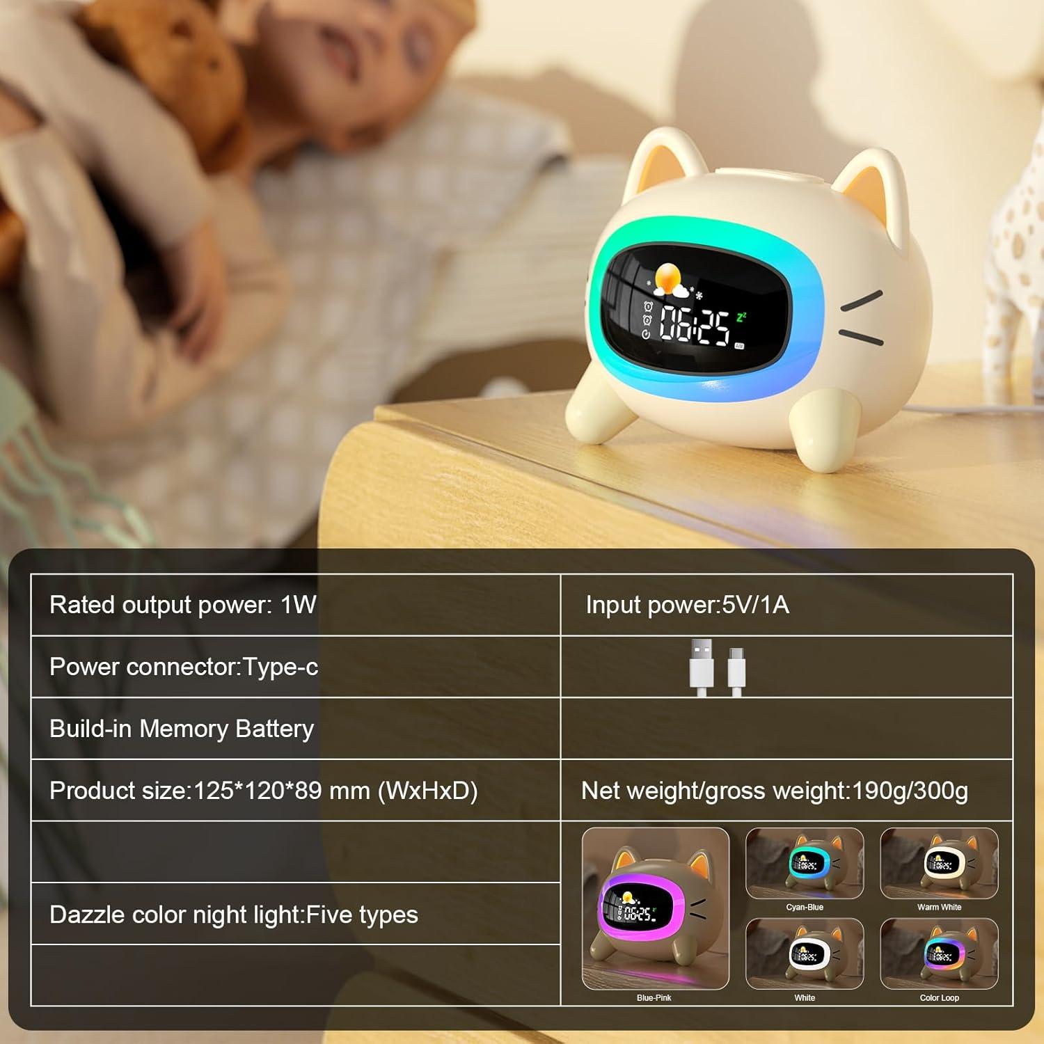 Kids Alarm Clock Ok to Wake Alarm Clock for Kids, Toddlers Night Light Clock for Bedroom, Cat Alarm Clock with Sleep Training and Sound Machine, Birthday Gift for Boy Girls Children