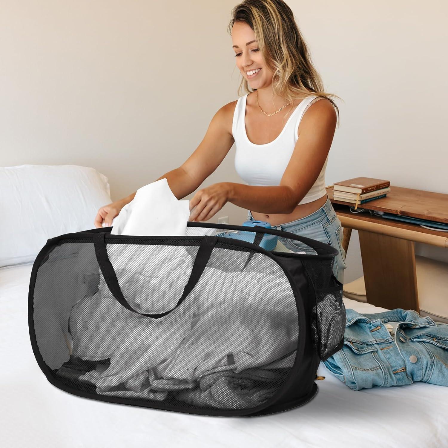 Durable Collapsible Laundry Baskets, Mesh Pop Up Laundry Hamper with Side Pocket, Foldable Clothes Storage Hamper with Reinforced Carry Handles for Laundry, Bathroom, Kids Room, Dorm or Travel Grey