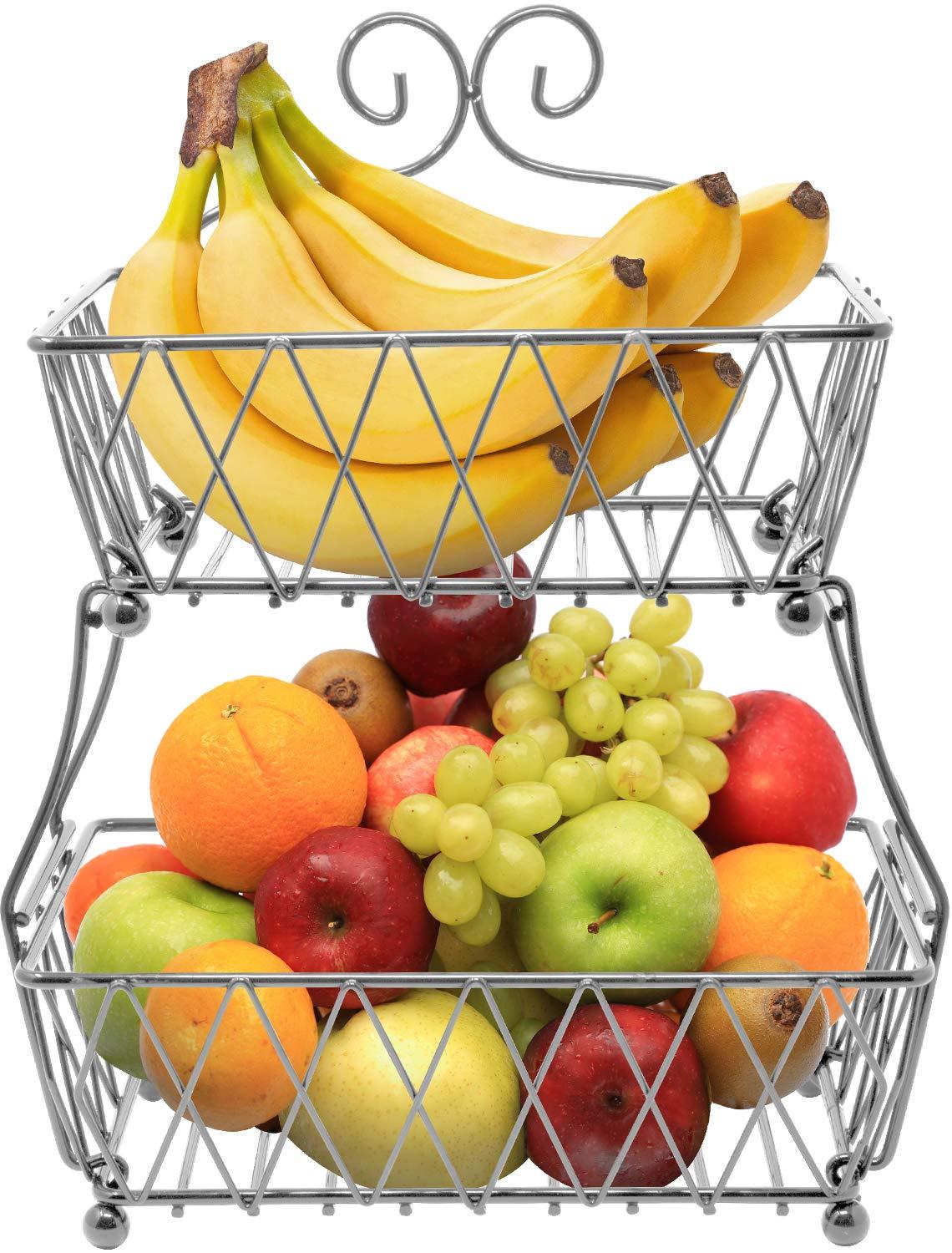 2-Tier Fruit Bread Basket Display Stand, Counter Storage for Kitchen, Bathroom, Rectangular Antique Metal