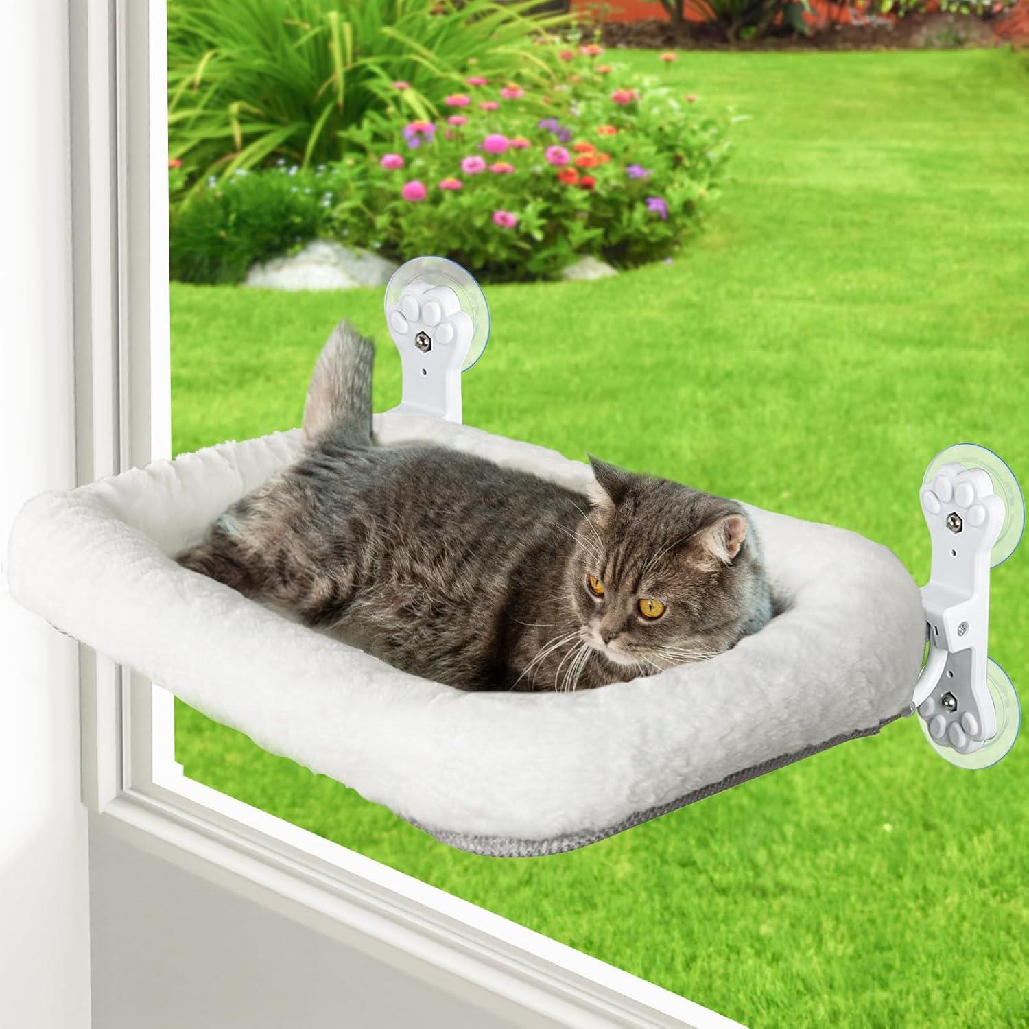 Tucker Murphy Pet™ Foldable Cat Hammock For Window - Cordless, Embeded Machine Washable Padded Bed, Robust Metal Frame - Cat Window Perch For Large Cats And Kittens (White Bolster Bed, Large)