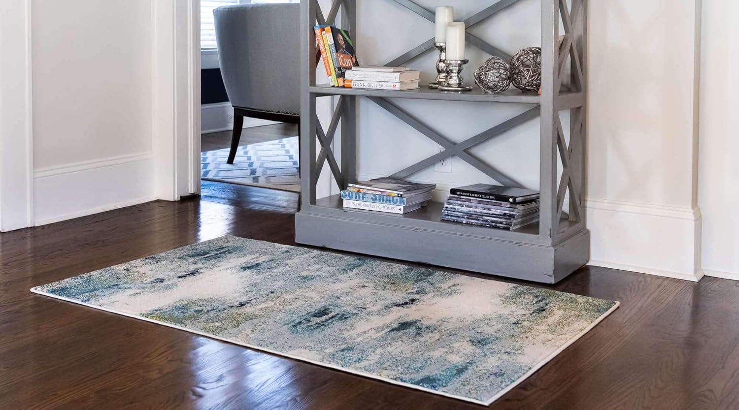 Light Blue and Beige Abstract Rectangular Area Rug