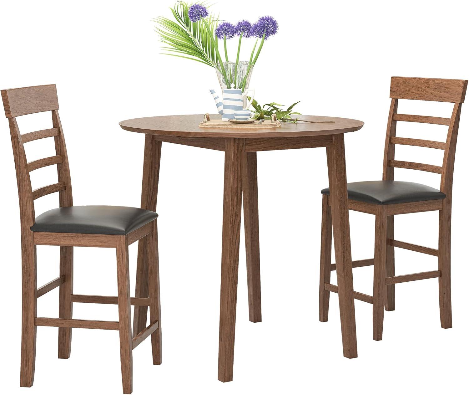 Walnut Rubber Wood Drop-Leaf Dining Table Set with Upholstered Chairs