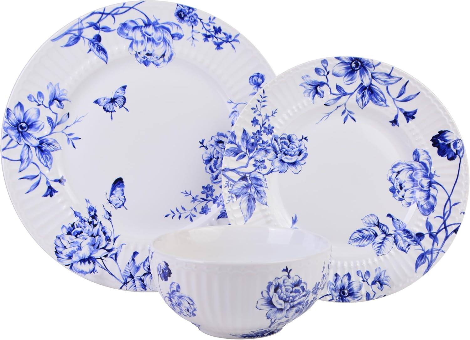222 Fifth 222 Fifth Cassian Embossed Toile Blue Porcelain Dinnerware Set - Service For 4 (Set of 12)