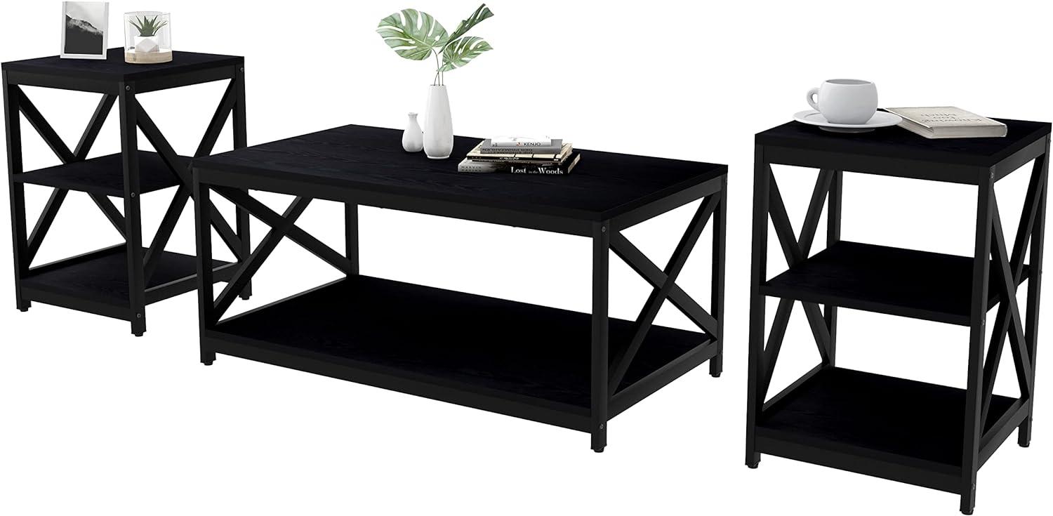 Jiowenm Living Room Coffee Table Set of 3, Industrial X-Design Coffee Table and 2 End Side Tables, 3 Piece Living Room Table Set with Large Storage for Apartment Home, Black