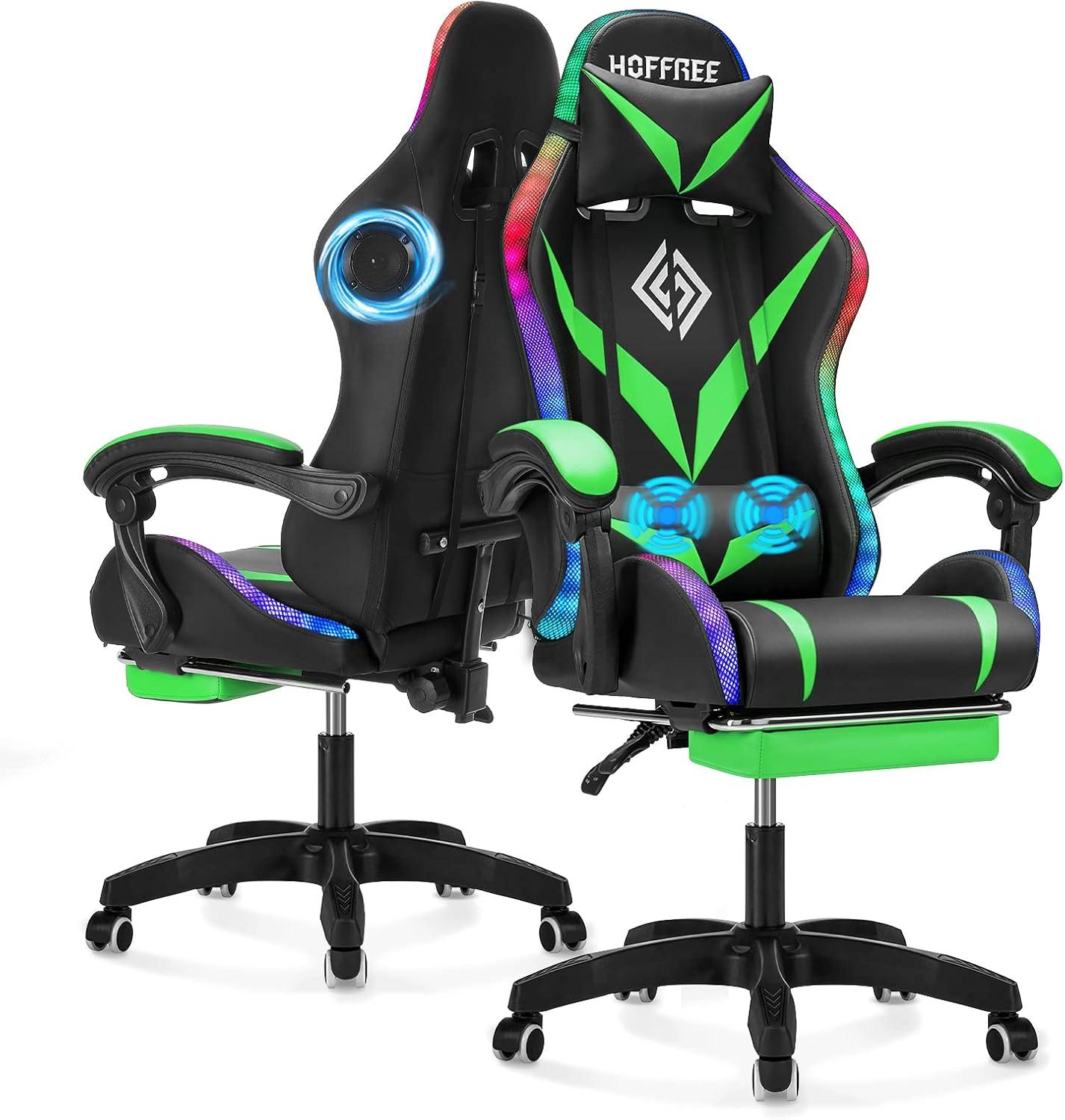 Ergonomic Black and Green Leather Gaming Chair with LED Lights