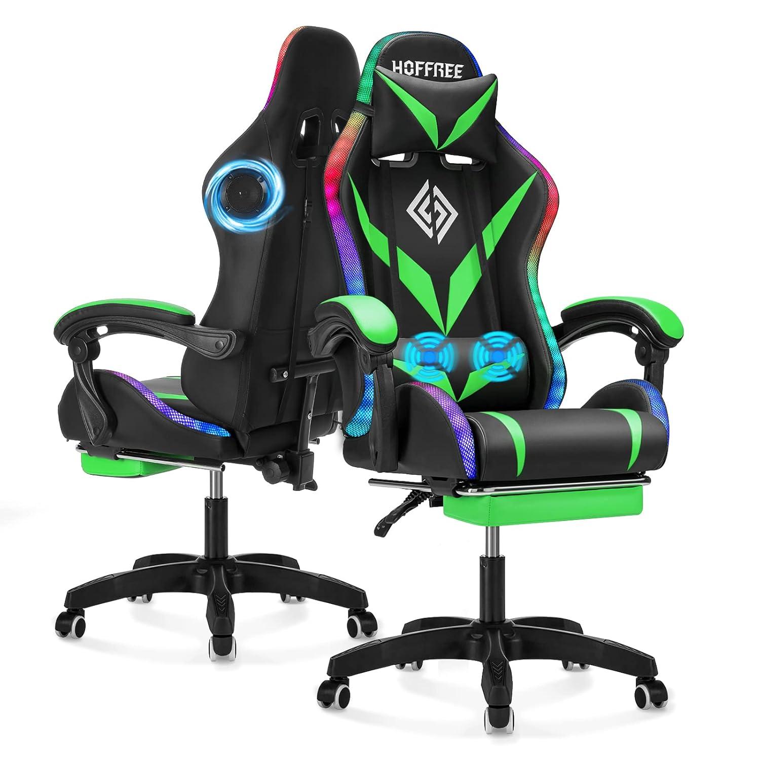 Ergonomic Black and Green Leather Gaming Chair with LED Lights