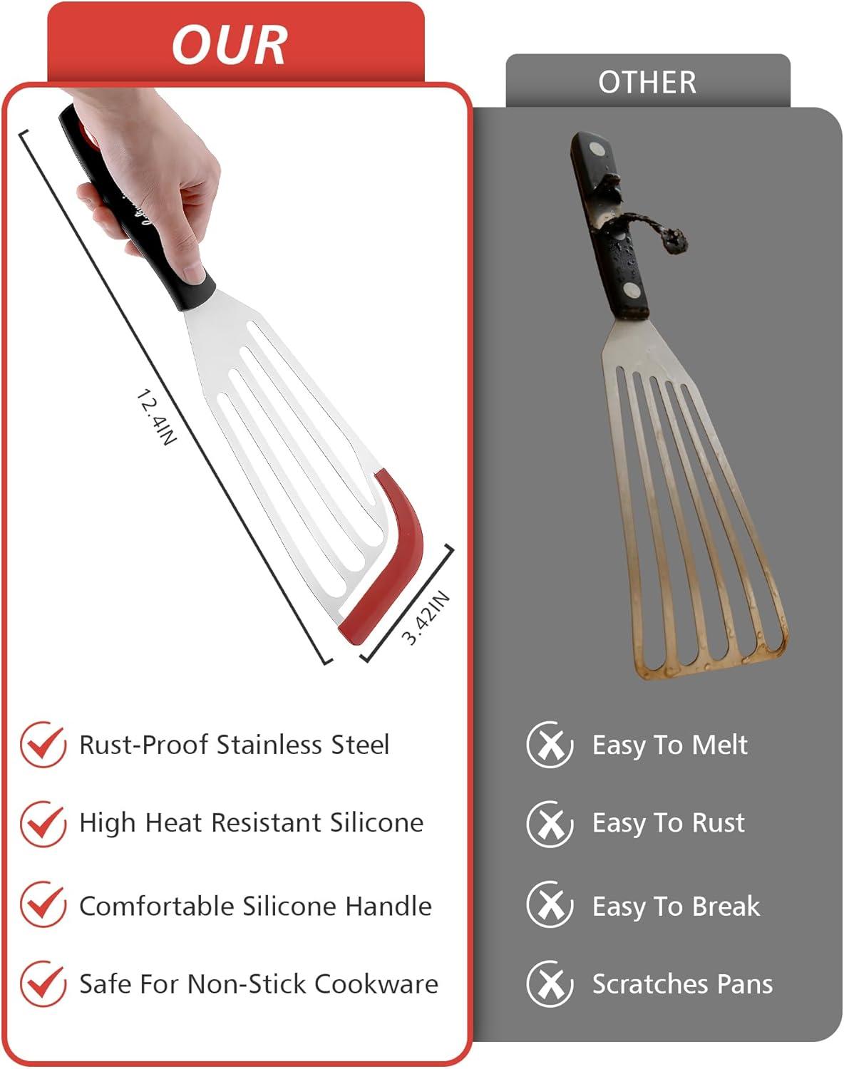 Fish Spatula Turner Set of 2, Heat Resistant Silicone Edge Slotted Fish Spatulas for Nonstick Cookware, Flexible and Thin Stainless Steel Kitchen Cooking Spatula Flipper for Fish, Egg, Pancake