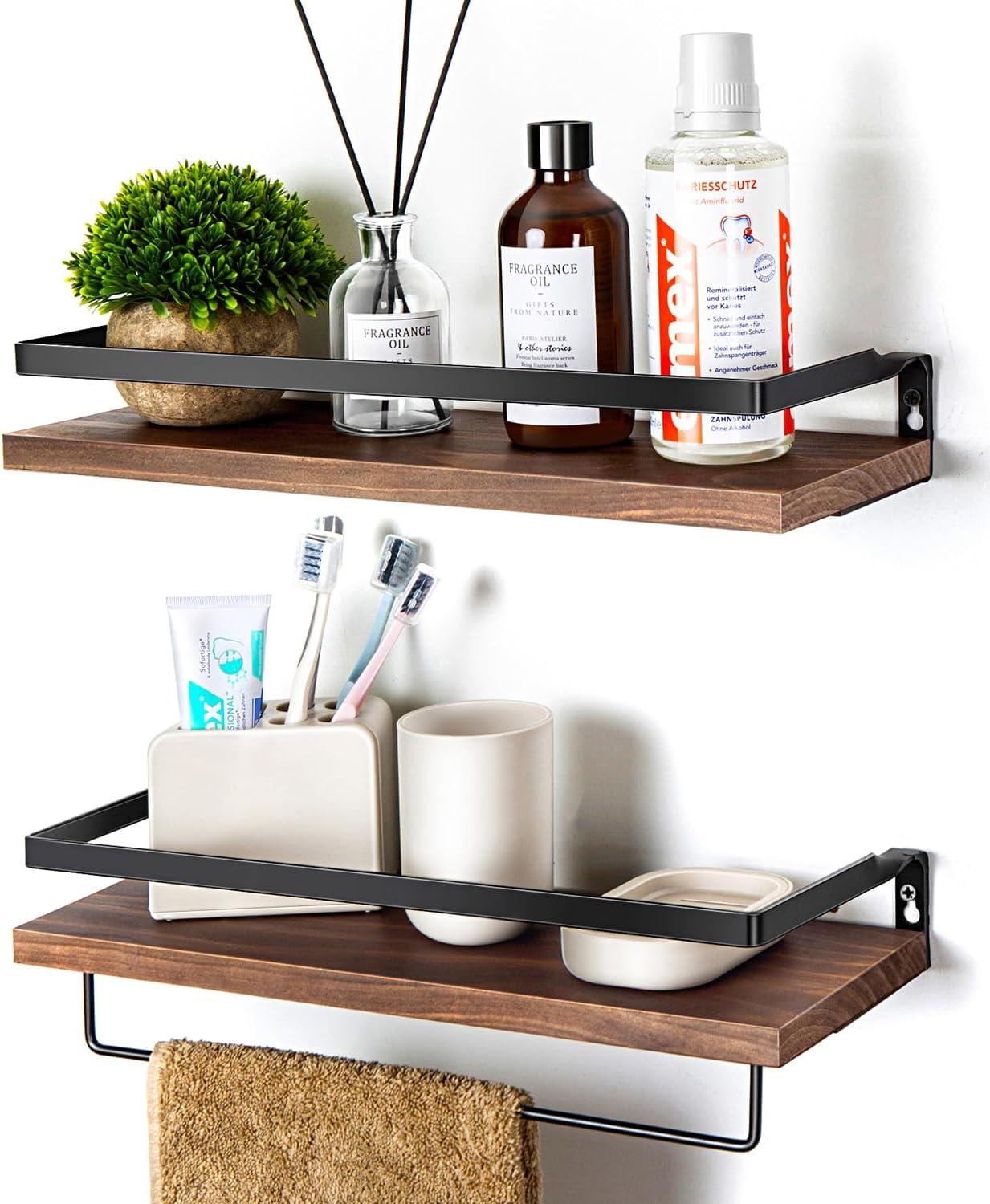 Brown Wood Floating Wall Shelves with Towel Rack