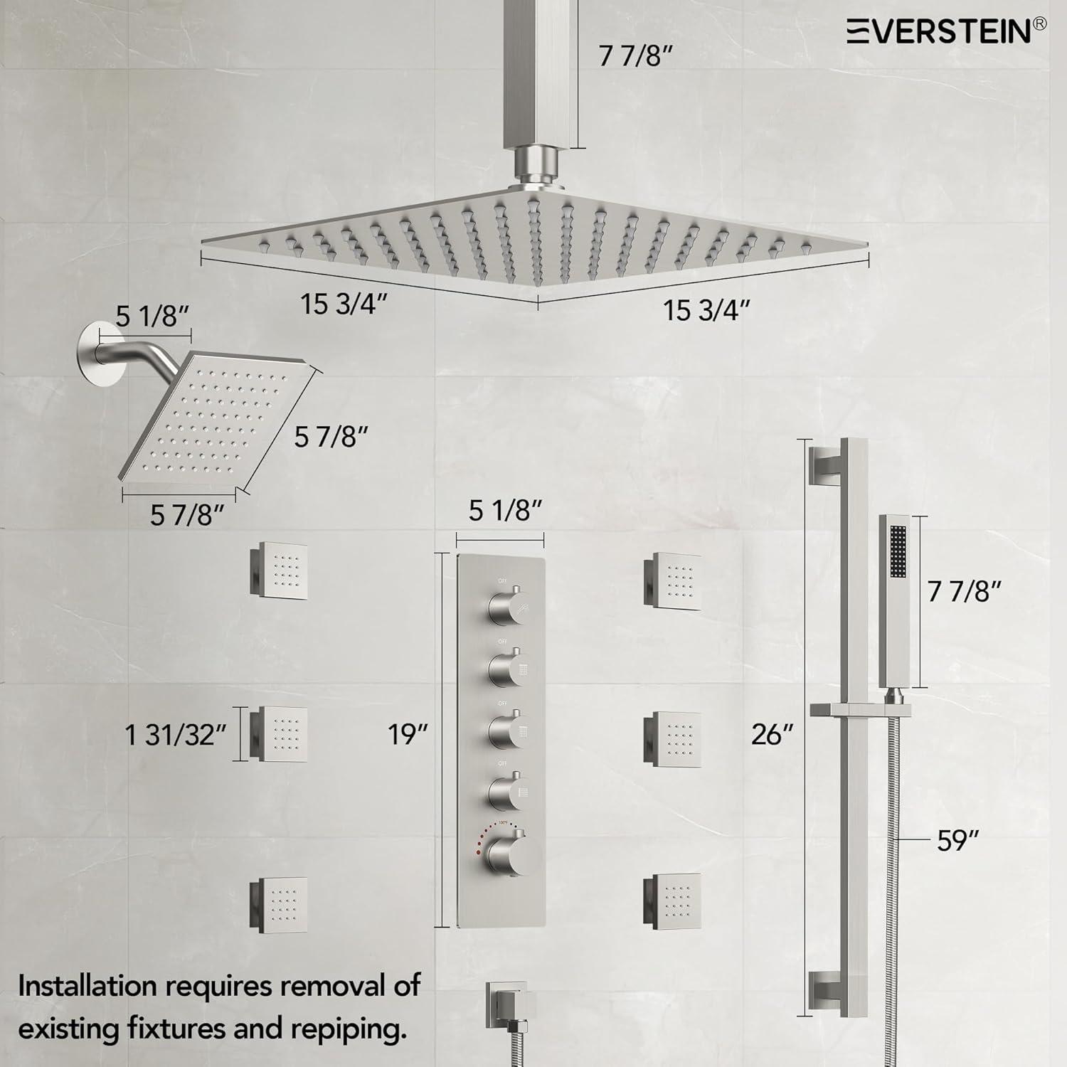 DualJetSpa 15-Spray Patterns 16" & 6" Dual Shower Head, Shower FaucetSystem with Thermostatic Rough-in Valve and Body Jets