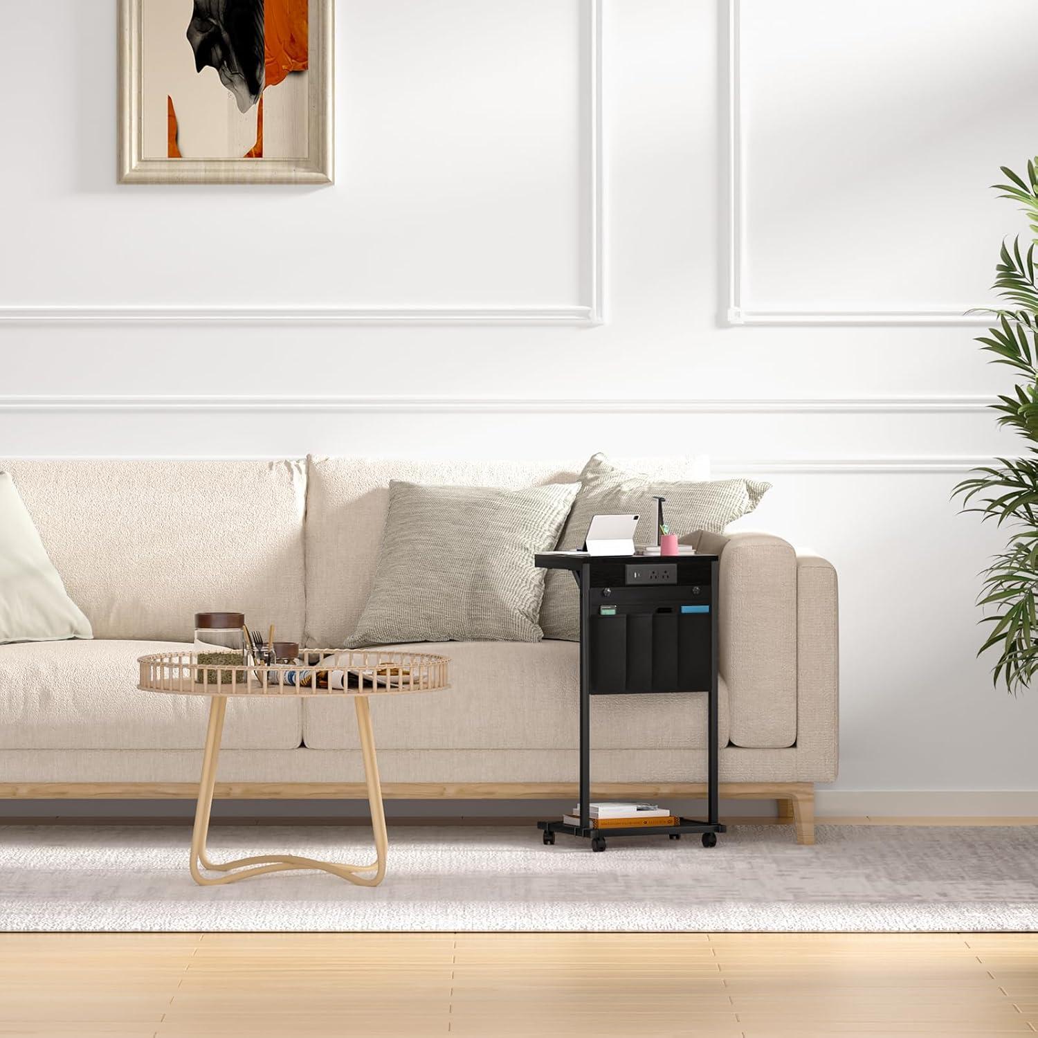 C-Shaped Side Table, Small End Table with Storage Bag, Couch Side Table with Sturdy Frame, Sturdy Slide Under Sofa Table, TV Tray Table for Living Room, Bedroom, Rustic Brown and Black BF40SF01