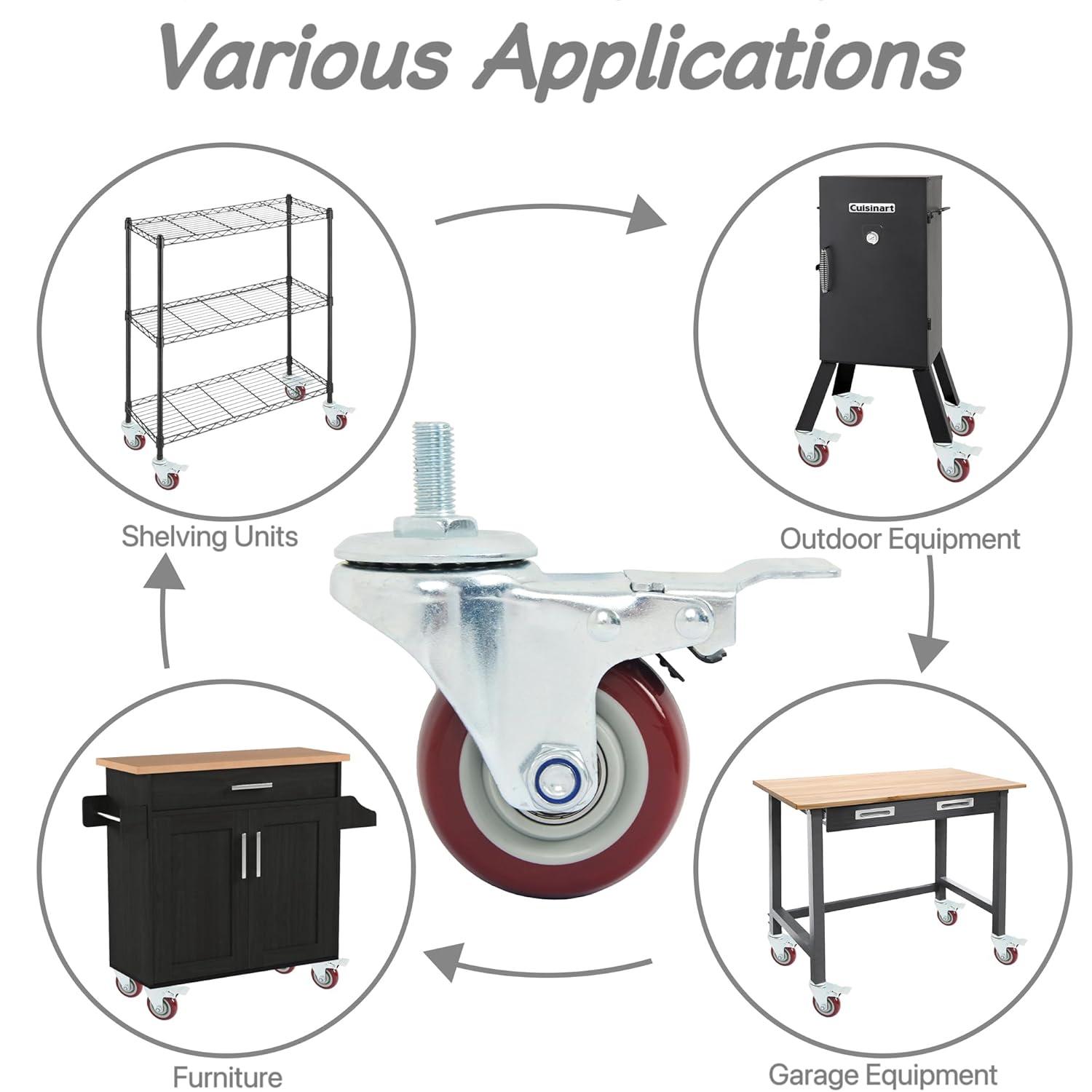 Caster Wheels Set of 4 with Brake Plate Swivel Casters Premium Polyurethane Wheels PU Load Bearing 1,200 Lbs Lockable Anti-wear Smooth Casters Red