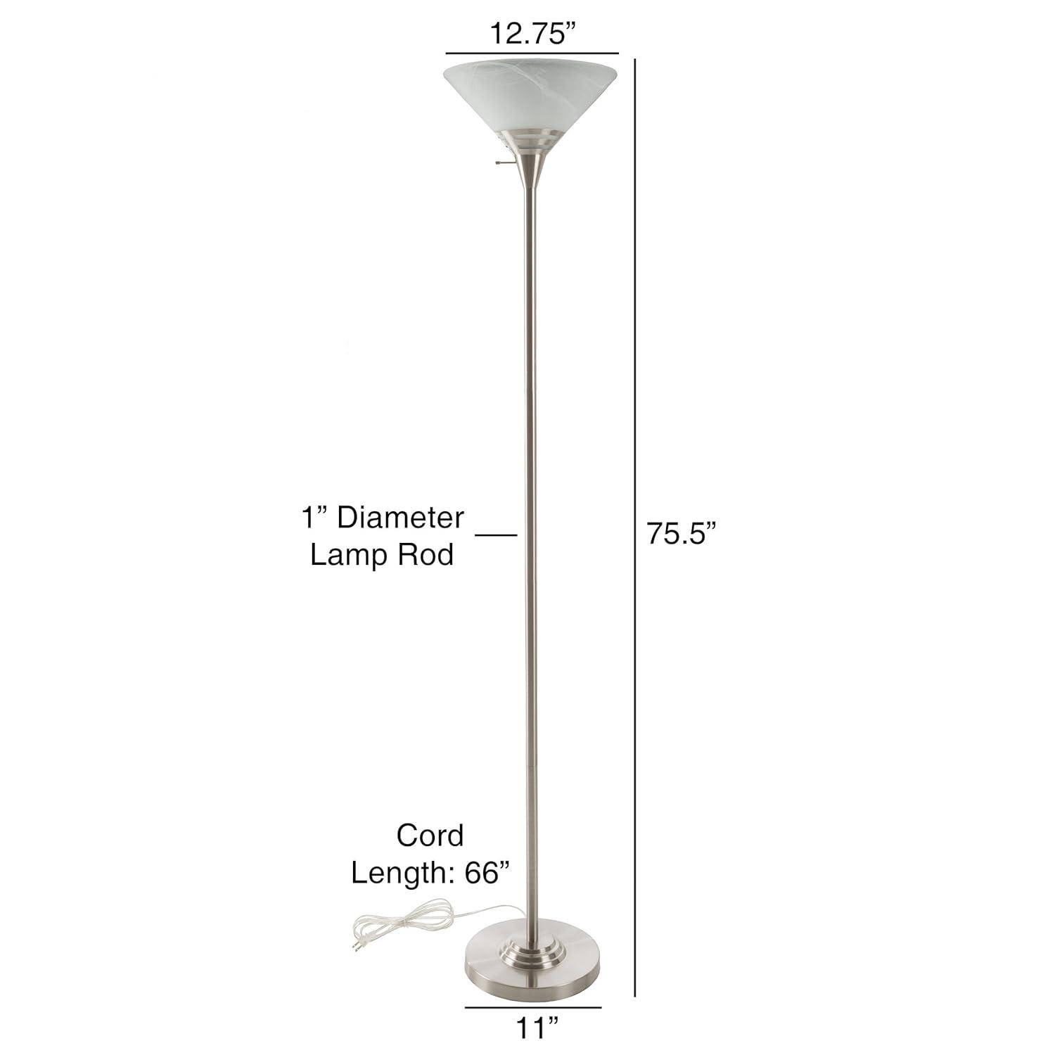 Torchiere Floor Lamp-Standing Light with Sturdy Metal Base & Marbleized Glass Shade-Energy Saving LED Bulb - Brushed Silver