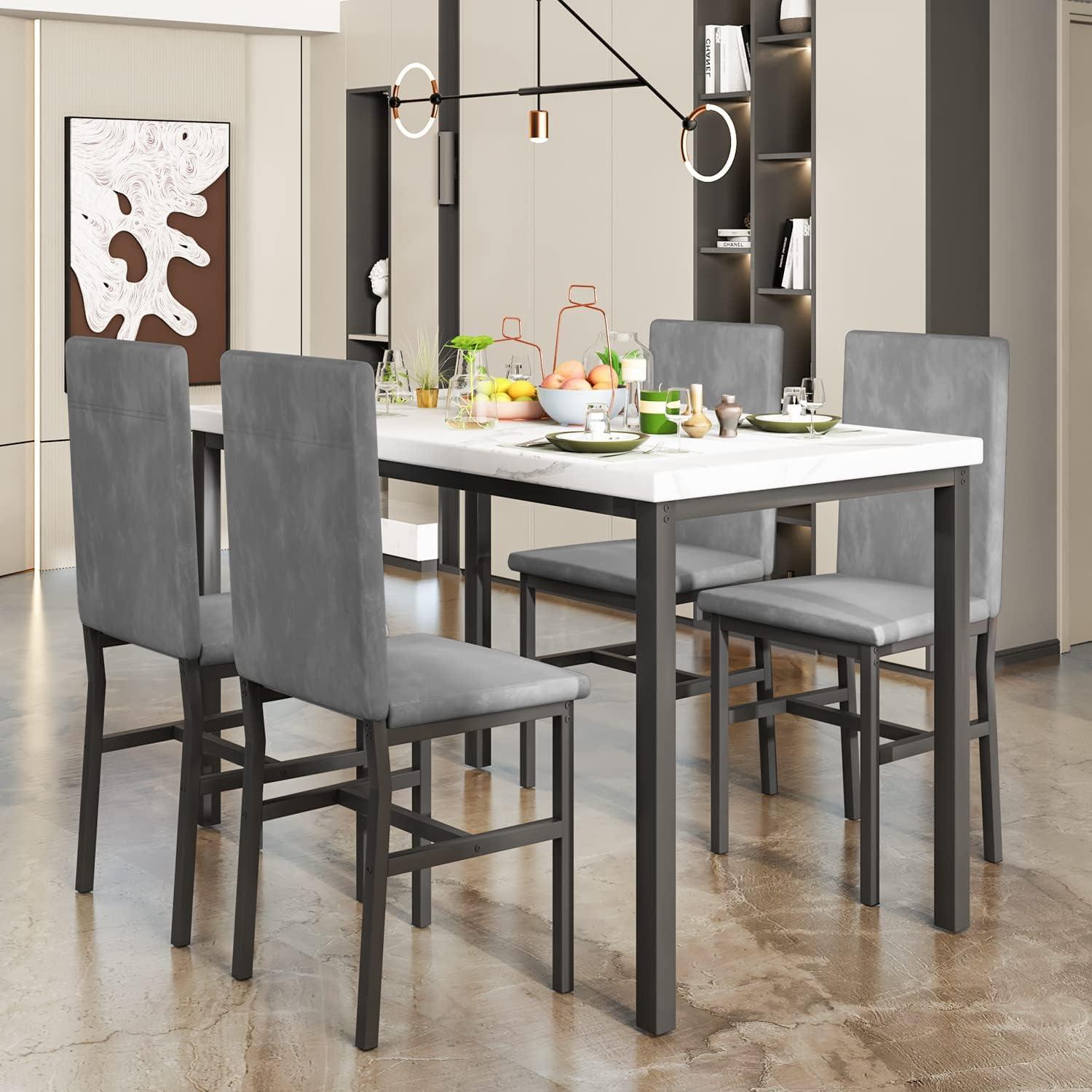 Recaceik 5-Piece Marble Dining Table Set with 4 Velvet Metal Frame Chairs for 4, 31.2"H Table