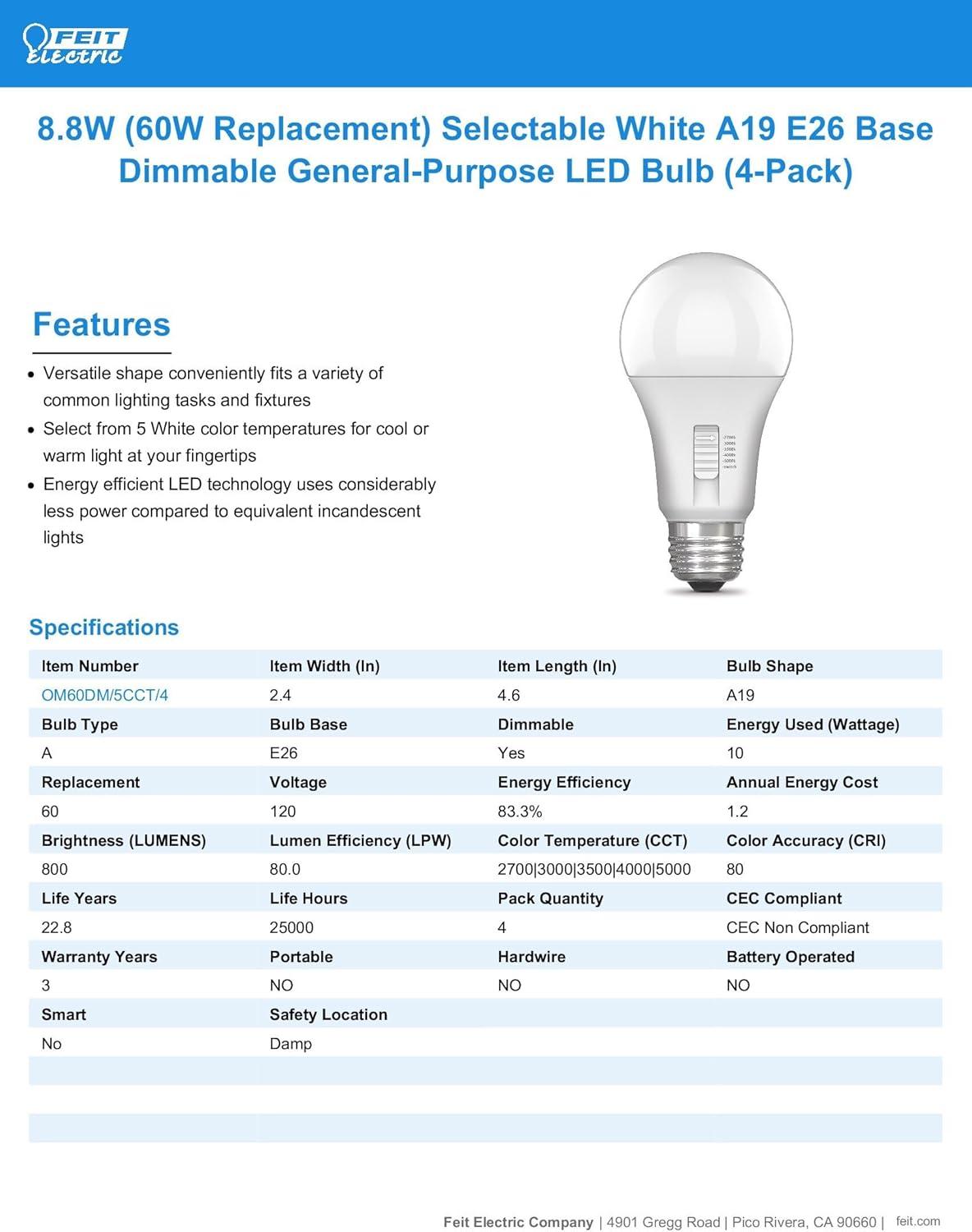 Feit Electric A19 LED Light Bulb, 60W Equivalent, 5CCT, Dimmable, E26 Medium Base, 90 CRI, 800 Lumens, Adjustable White, 22 Years Lifetime, 4 Pack, OM60DM/5CCT/4