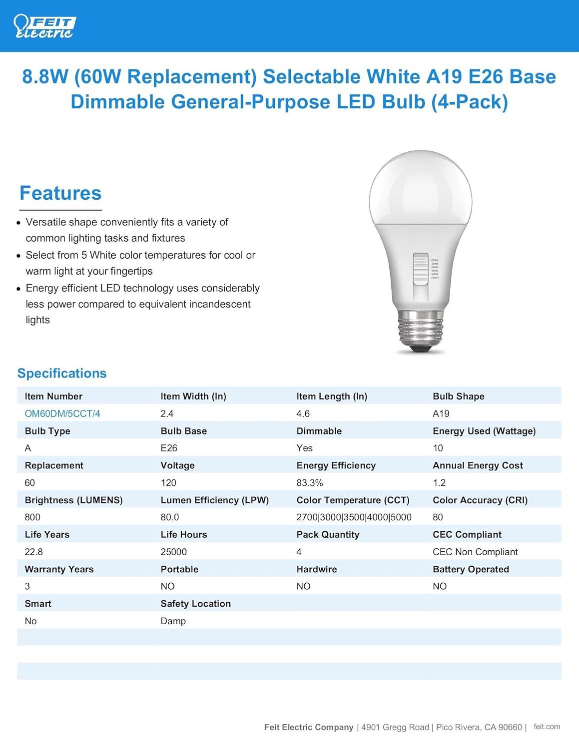 Feit Electric A19 LED Light Bulb, 60W Equivalent, 5CCT, Dimmable, E26 Medium Base, 90 CRI, 800 Lumens, Adjustable White, 22 Years Lifetime, 4 Pack, OM60DM/5CCT/4