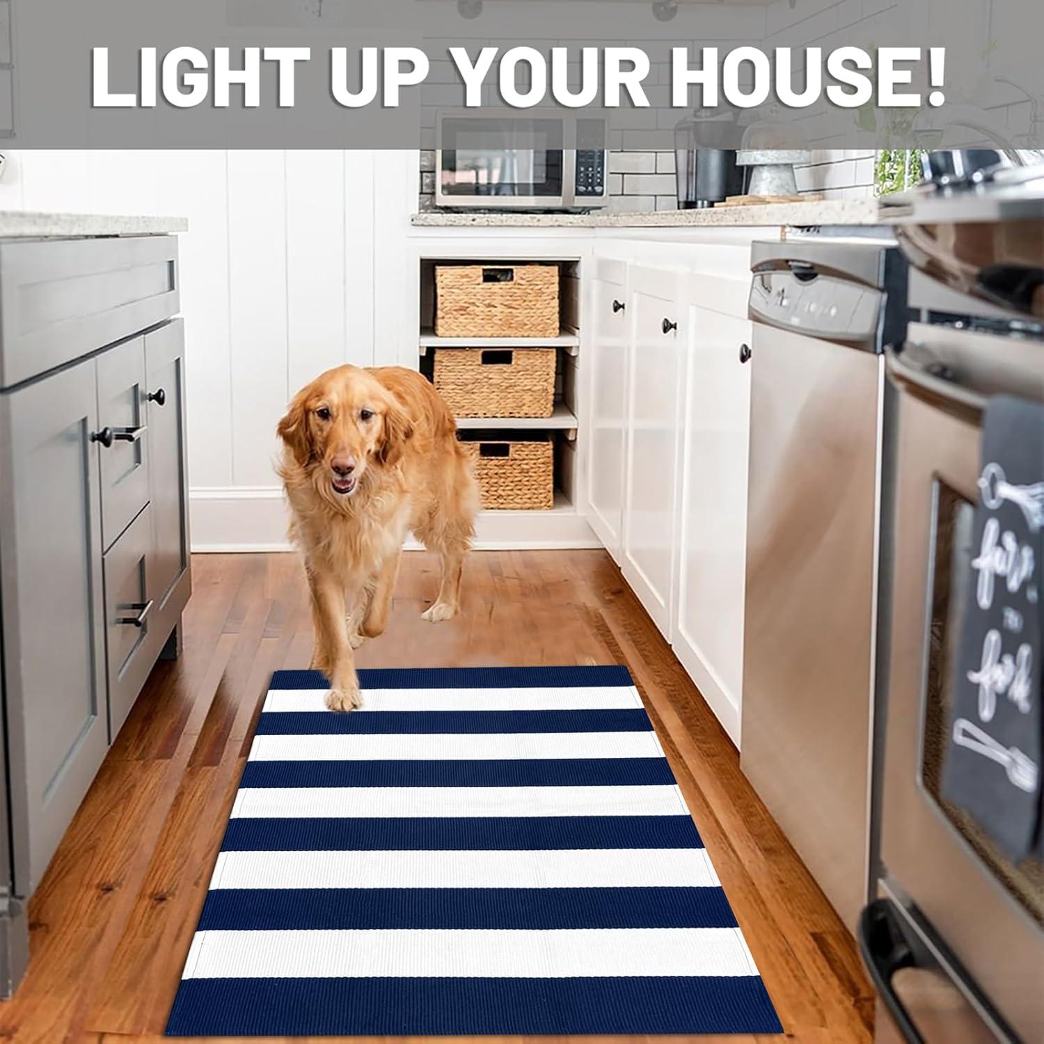 IOHOUZE Navy and White Striped Rug 2'x3' Front Door Rugs, Small Washable Area Rug for Front Porch, Spring Summer Doormats Outdoor Indoor, Cotton Rugs for Entryway Porch Entrance