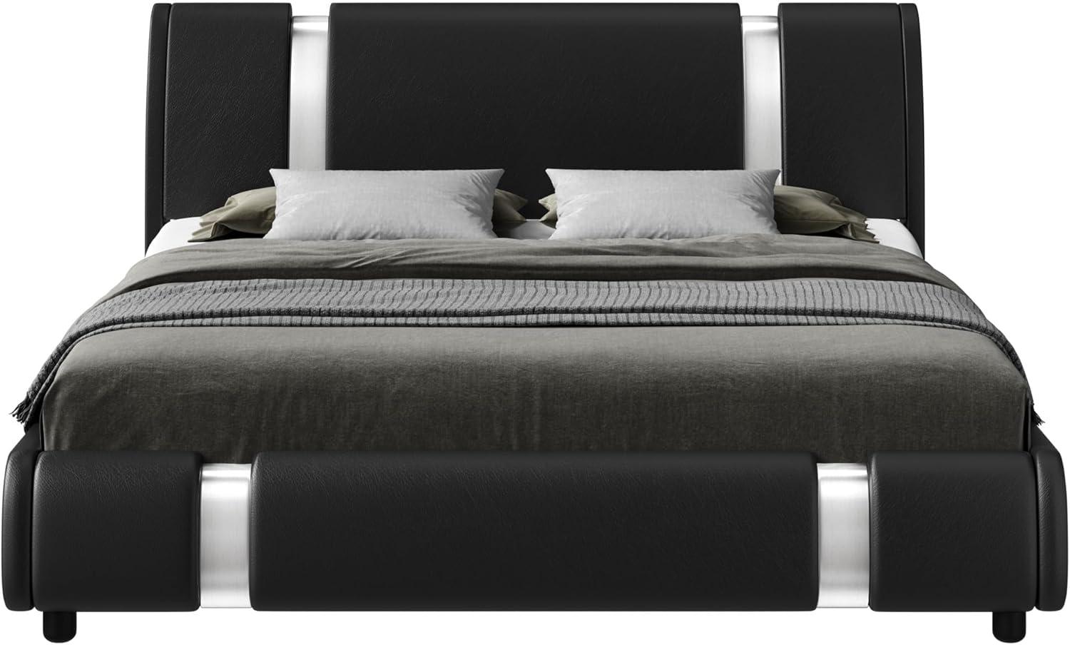 Keyluv Modern Faux Leather Upholstered Platform Bed Frame with Metal Decoration Headboard, Wooden Slats Support, No Box Spring Needed, Queen Size, Black