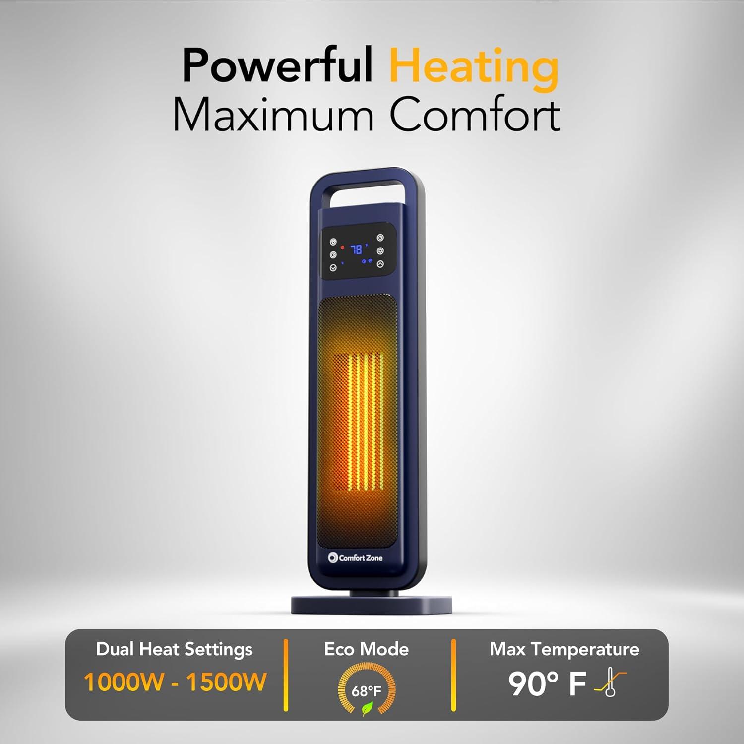 Comfort Zone 26" Oscillating Digital Tower Heater with Remote Control for Indoor Use, Adjustable Thermostat, Timer, Overheat Protection, Tip-Over Switch, Ideal for Home, Bedroom, & Office, HT1206-NVY