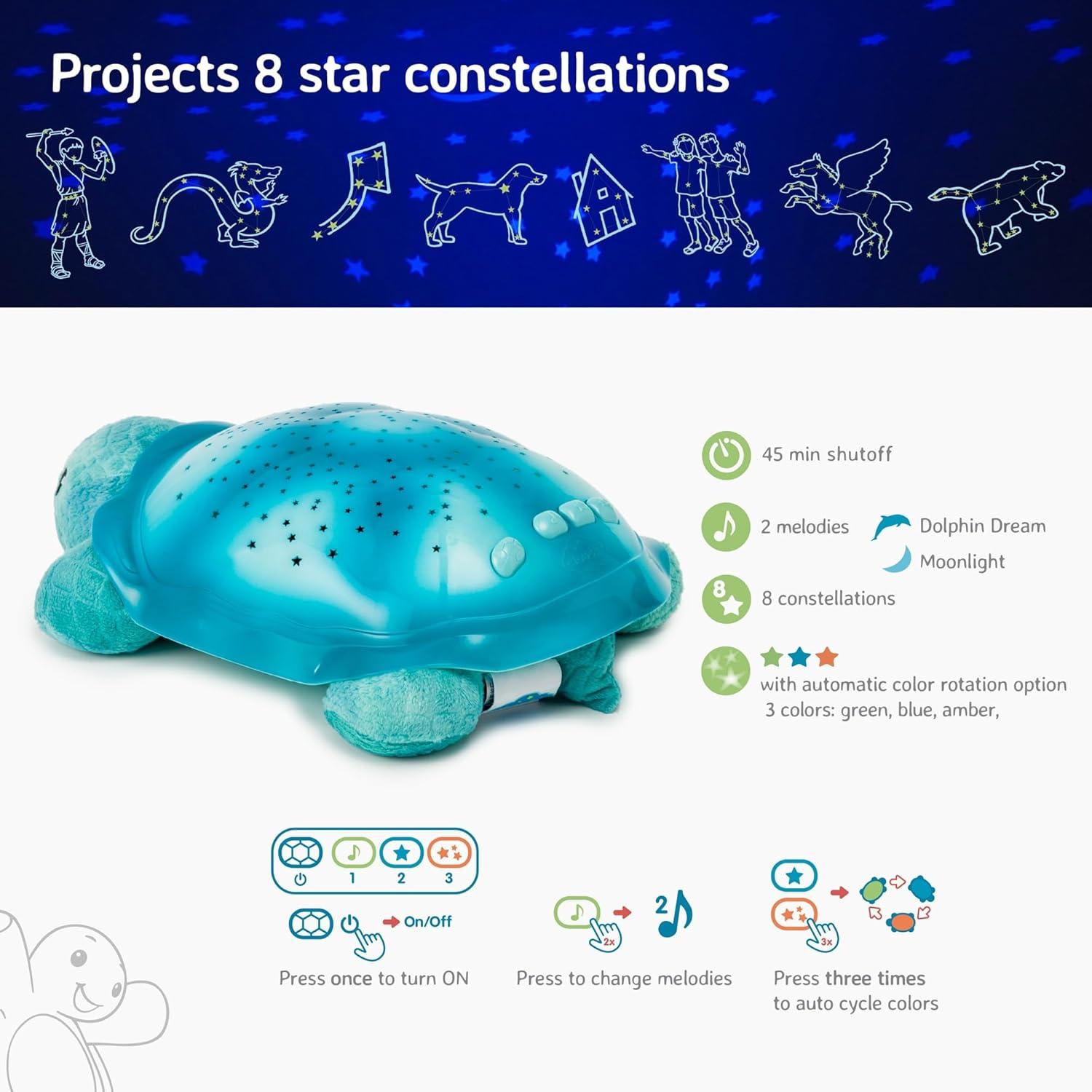 Aqua Plush Turtle Night Light with Star Projector and Soothing Sounds