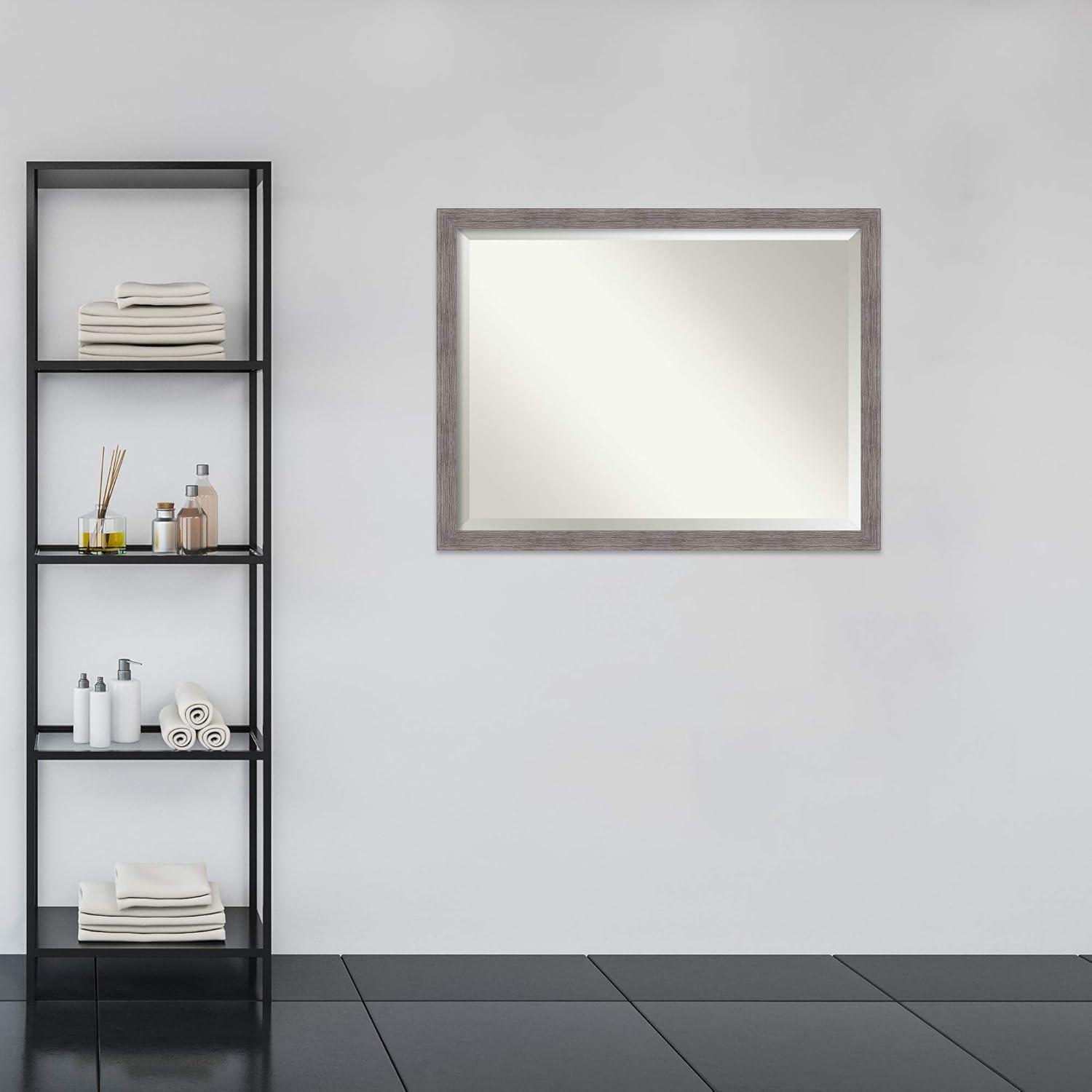 Amanti Art Beveled Bathroom Wall Mirror - Pinstripe Frame Pinstripe Plank Grey Narrow Outer Size: 43 x 33 in
