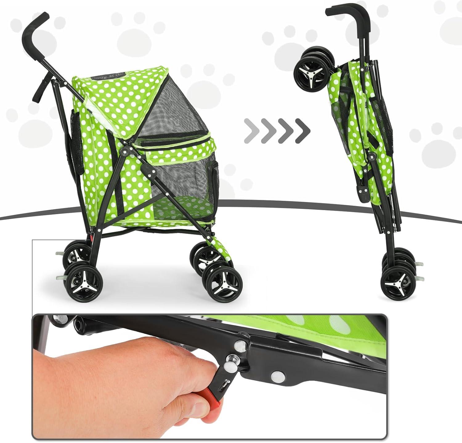 MoNiBloom 4 Wheel Foldable Lightweight Pet Trolley for Cats & Dogs, Lawn Green with White Polka Dots